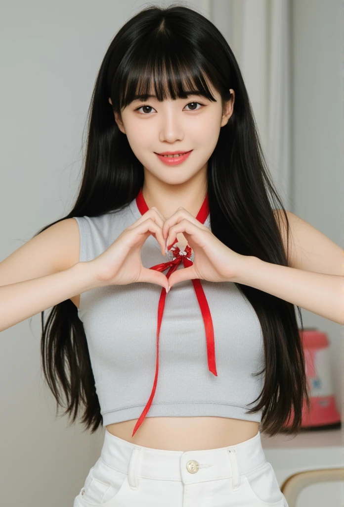 masterpiece, best quality, A young, vey thin body, Korean woman with long straight black hair and blunt bangs smiles at the camera. She have light-brown eyes, she wears a silver top, sleeveless, adorned with a diamond star brooch and a red ribbon tied around her neck. Her hands form a heart shape in front of her chest, showcasing long, expertly manicured nails. A high-waisted white pants. The background is softly blurred, focusing attention on her pose and expression, soft light,