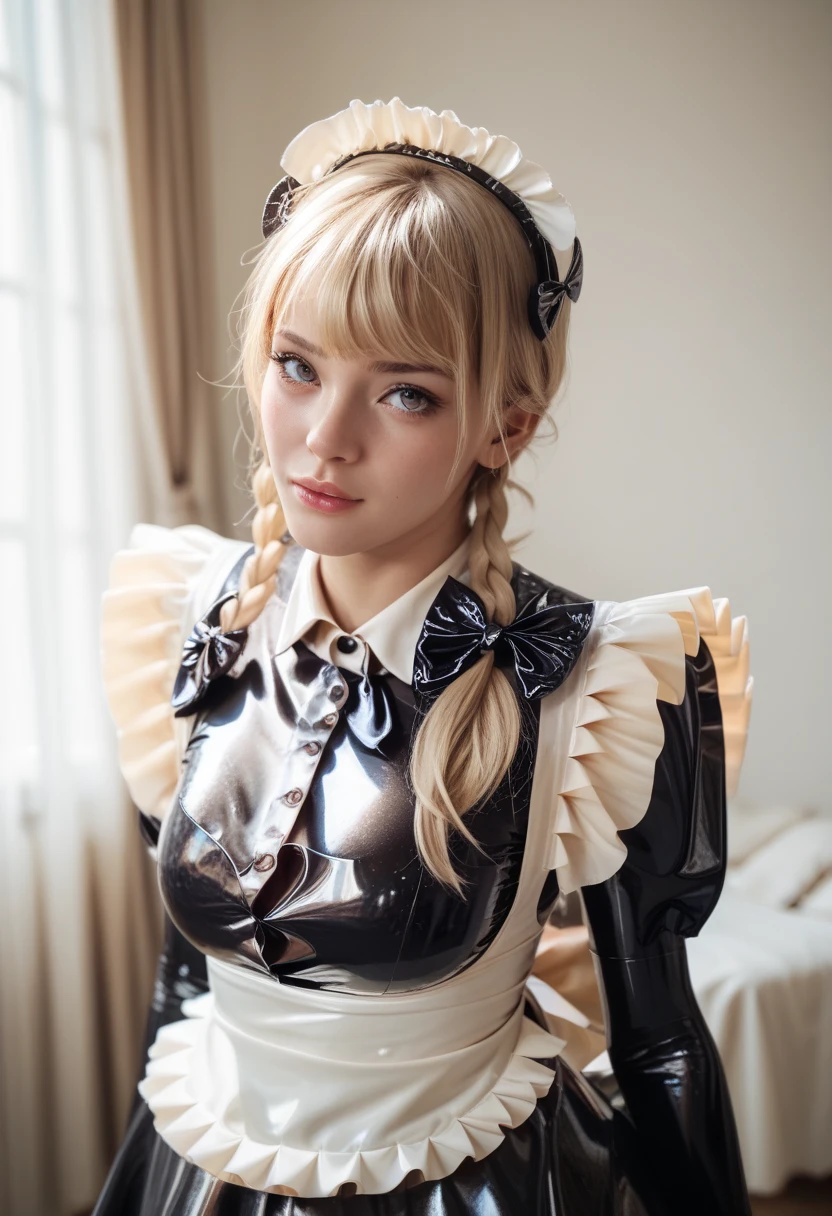 A sweet blonde girl , latex maid costume, deep v neck