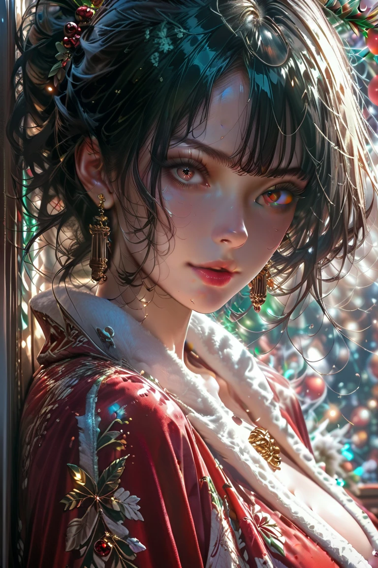 A very beautiful mamanuela with black hair red eyes very big and busty at a very perfect Christmas party good lighting without errors or flaws