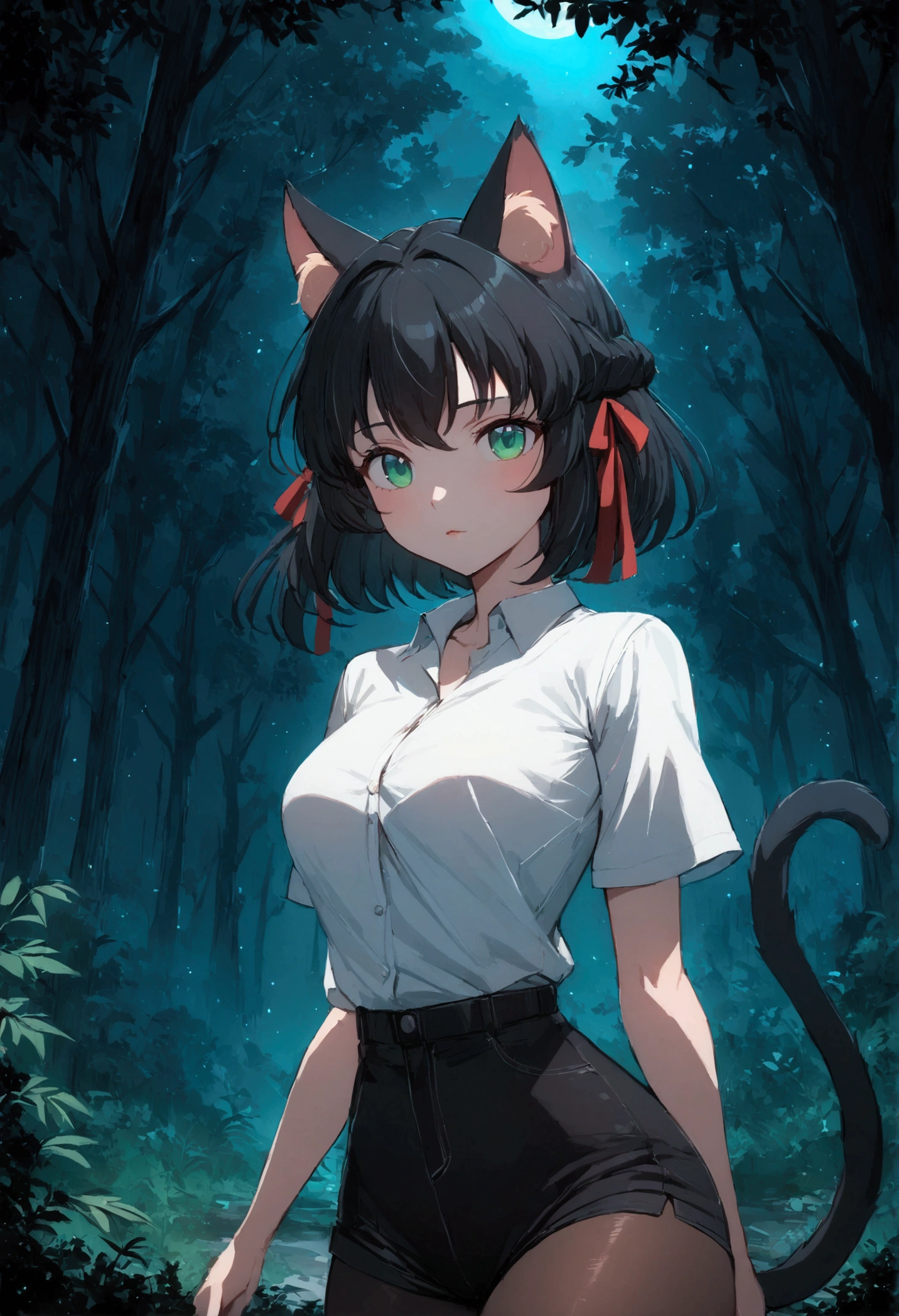 Girl. Catgirl. Anime style. 4k. 8k. Best quality. Black short hair. Puffy ears. Cat tail, Black fur. Green eyes. Medium breasts. Curvy waist. Red Ribbon on her hair. Wearing a white button-down shirt, black shorts and long pantyhose. Background is a night in a forest.