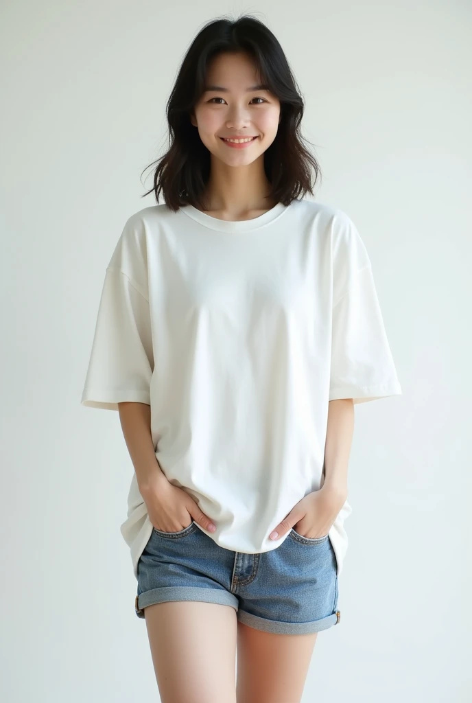 Photorealistic, young Asian woman, long brunette hair tied in a loose ponytail, wearing large white t-shirt, wearing short black gym shorts, barefoot, smiling brightly, sitting on dark brown leather couch, viewed from the front