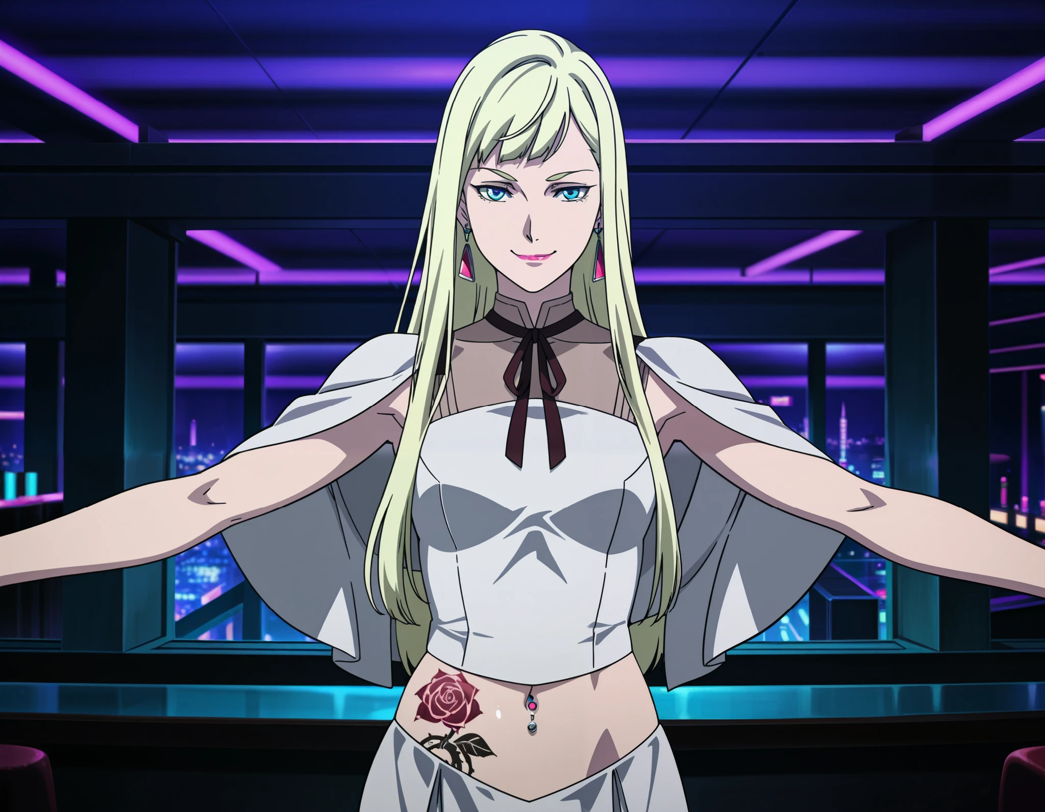 1girl,solo,Andalucia,blonde hair,long hair,blue eyes,earrings,anime coloring,
necktie,white dress,white capelet,lipstick,, arm up,looking at viewer, smile,indoors
indoors, bar background, inside bar, nightclub, city lights, dragon tattoo, tattoo on body, tattoo midriff, rose tattoo, shiny skin, , open arms sideway, arms T-pose, smirk, standing, anime girl T posing, navel piercing
