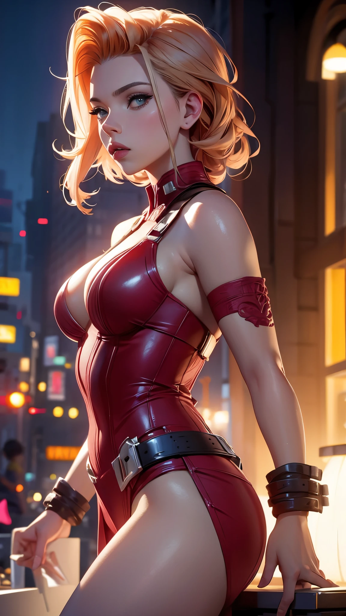 ((top-quality))Face Real、(((Open your mouth a little and look sexy)))((masterpiece)、(1 shiny skin.1.4)Buttock emphasis、((steampunc))Steampunk City、Big buttocks、(48-year-old girl)'Buttocks in the face、((Steampunk Punk Fashion))、Blonde Shorthair、Sexy Posing、((The lower body is a purple leotard、Please wear a red garter belt))、Breasts enlarged、Neon lights of the city at sunset、(Various poses)