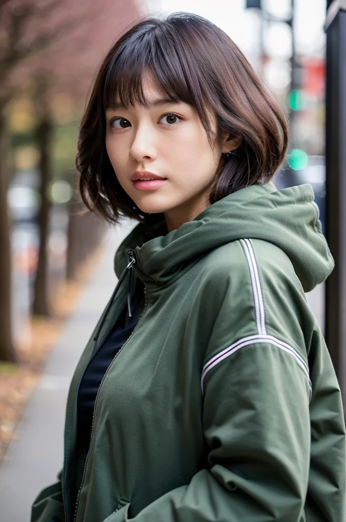 (masterpiece, best quality, perfect anatomy, highres, 8k, realistic, photorealistic, natural skin texture, no makeup:1.2), 1girl, solo, Japanese, age20, female university student, parted lips, shorthair, (large breasts:1.2), (perfect figure1.2). winter clothes, winter, Tokyo down town, natural lighting, portrait, nekogao