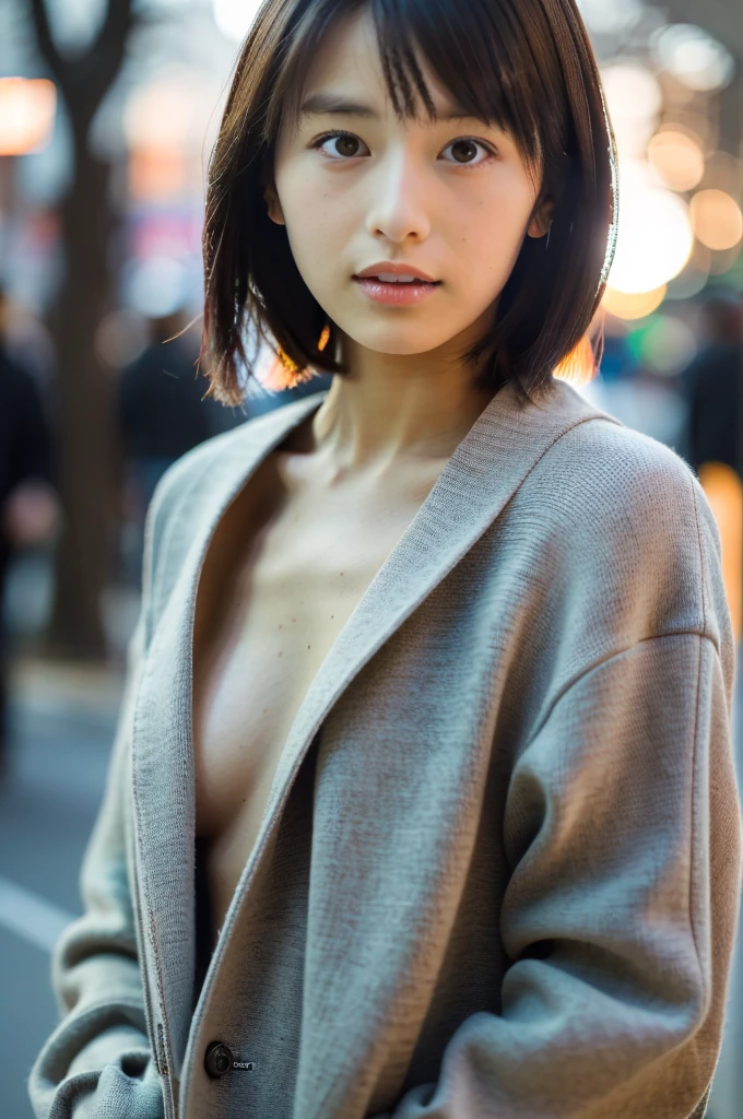 (masterpiece, best quality, perfect anatomy, highres, 8k, realistic, photorealistic, natural skin texture, no makeup:1.2), 1girl, solo, Japanese, age20, female university student, parted lips, shorthair, (large breasts:1.2), (perfect figure1.2). winter clothes, winter, Tokyo down town, natural lighting, portrait, nekogao