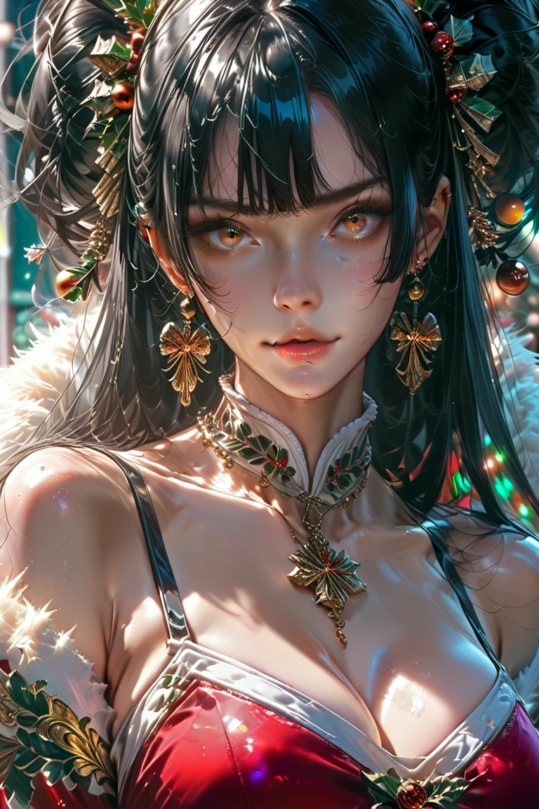 A very beautiful mamanuela with black hair red eyes very big and busty at a very perfect Christmas party good lighting without errors or flaws