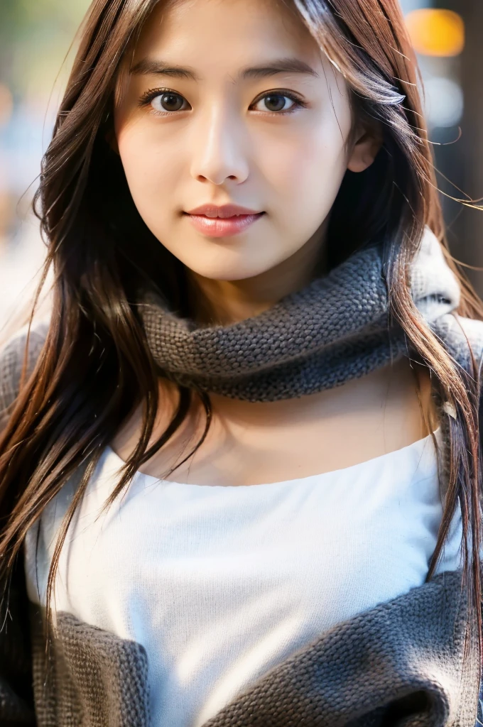 (masterpiece, best quality, perfect anatomy, highres, 8k, realistic, photorealistic, natural skin texture, no makeup:1.2), 1girl, solo, Japanese, age20, female university student, very cute, parted lips, (large breasts:1.2), (perfect figure1.2). winter clothes, winter, Tokyo down town, natural lighting, portrait, nekogao