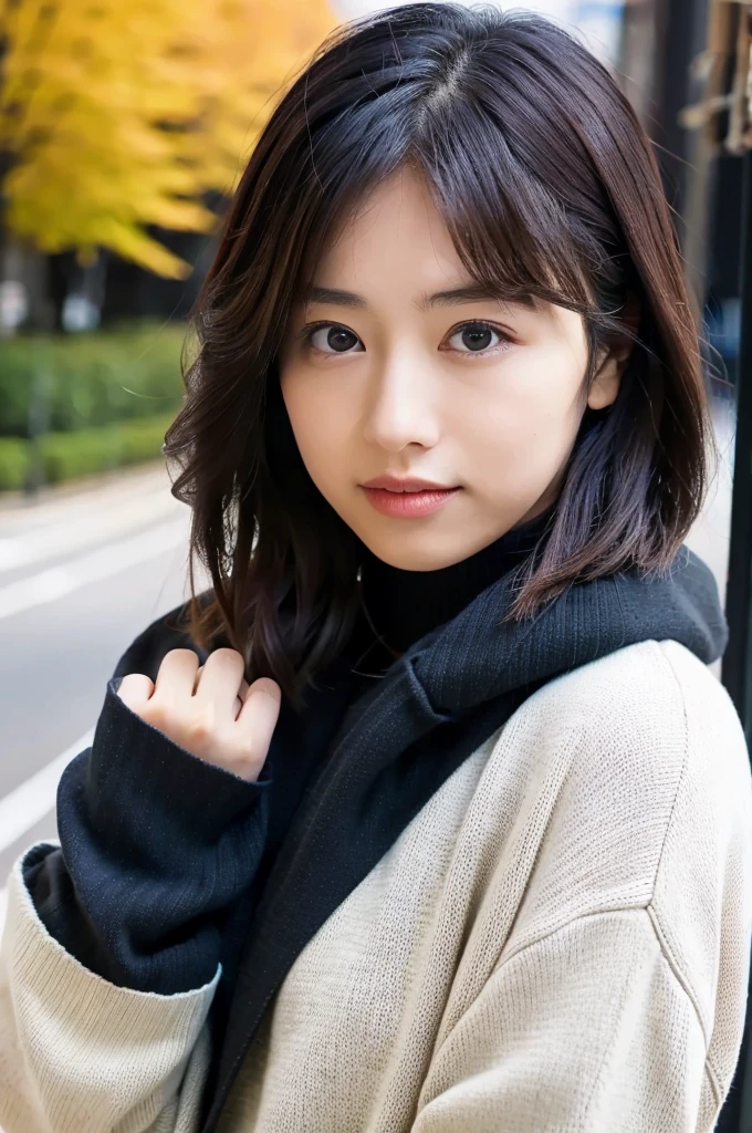 (masterpiece, best quality, perfect anatomy, highres, 8k, realistic, photorealistic, natural skin texture, no makeup:1.2), 1girl, solo, Japanese, age20, female university student, very cute, parted lips, shorthair, (large breasts:1.2), (perfect figure1.2). winter clothes, winter, Tokyo down town, natural lighting, portrait, nekogao