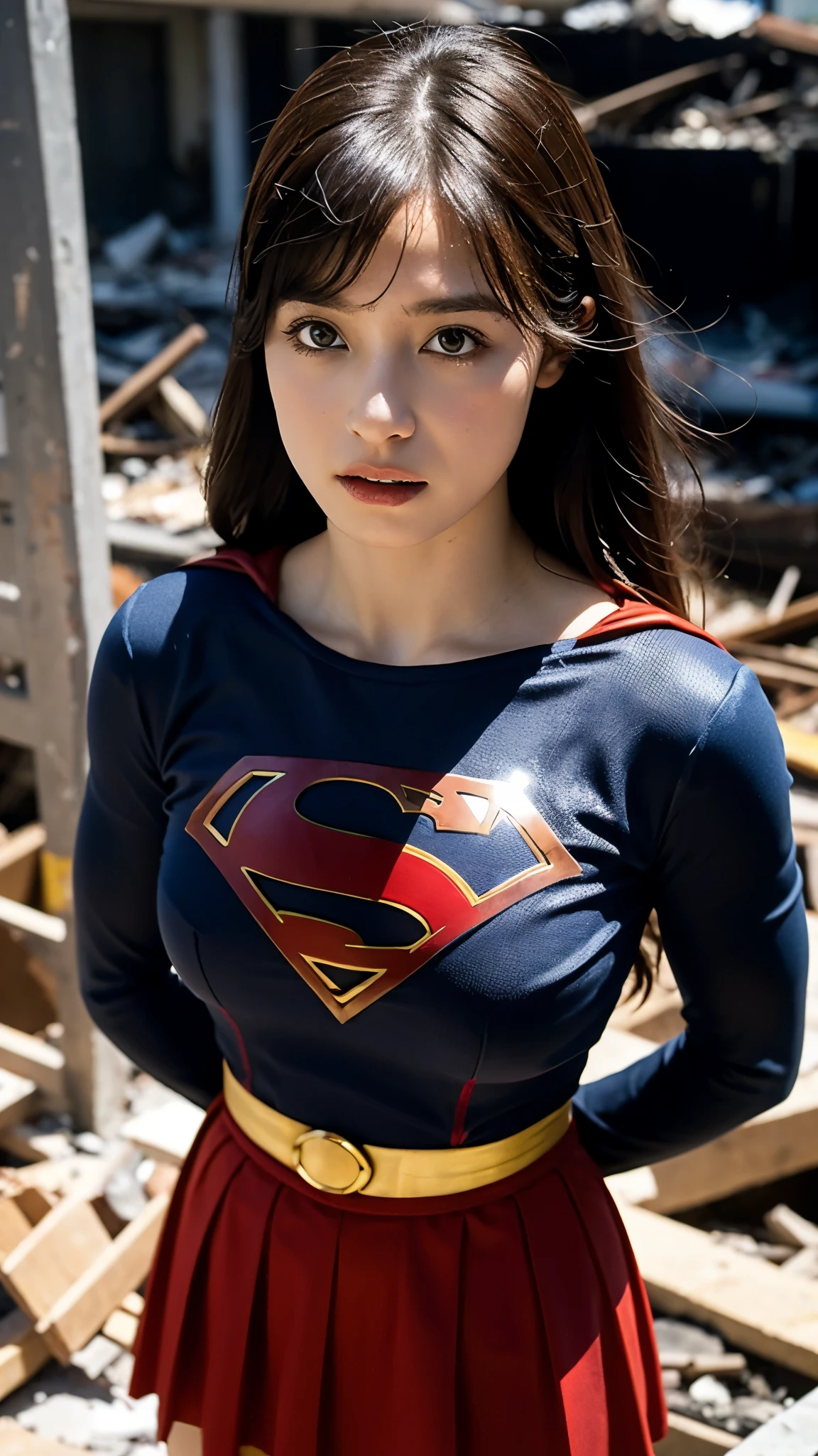 Immist view,masterpiece, best quality, high detailed, Extremely Realistic, beautiful girl wearing supergirl costume ,Dark brown hair,Sad expression,On the ruined street of the building,clothes torn during battle,skirt