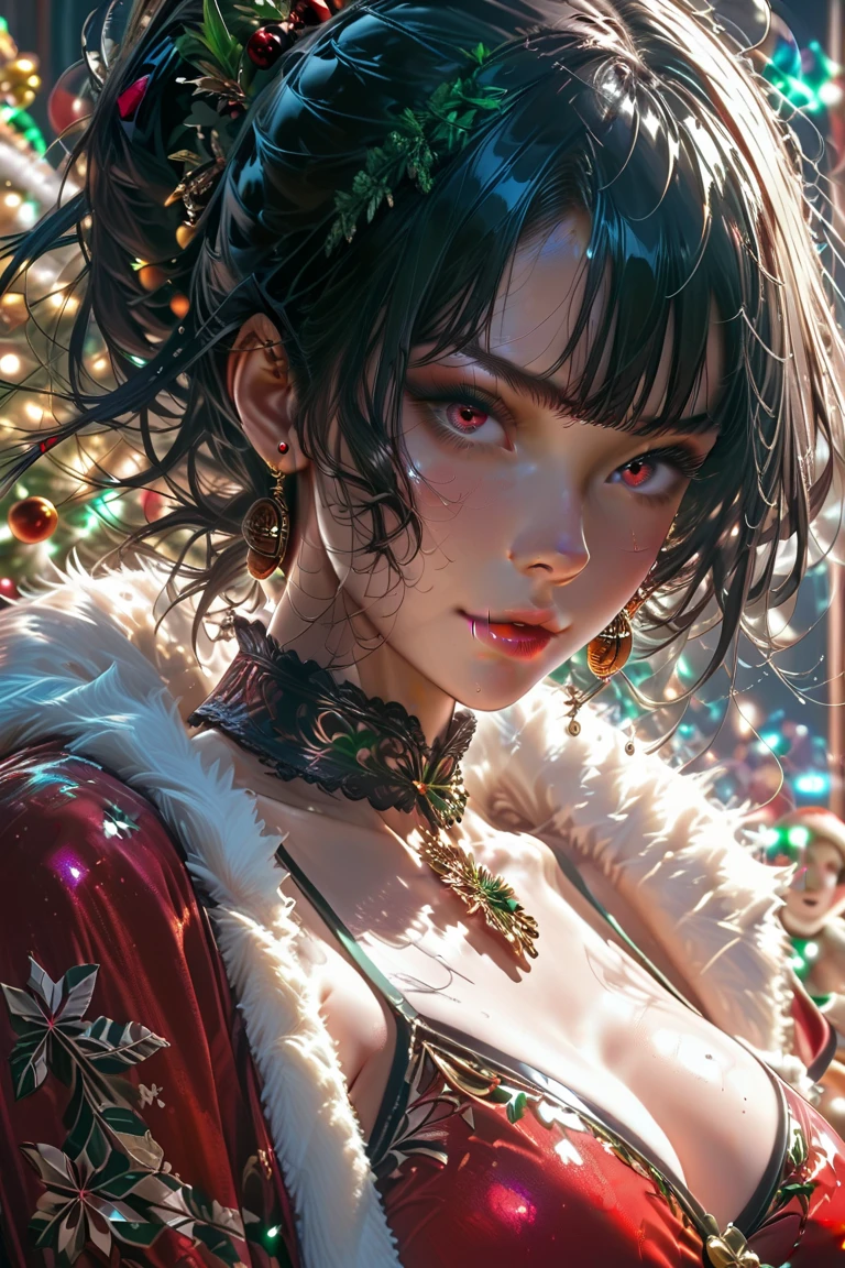 A very beautiful mamanuela with black hair red eyes very big and busty at a very perfect Christmas party good lighting without errors or flaws