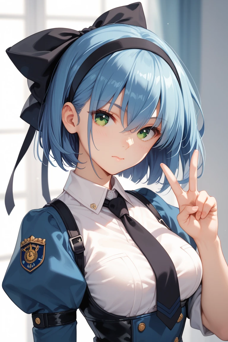score_9, score_8_up, score_7_up, score_6_up, score_5_up, score_4_up, police uniform,
parted lips, sweat, white gloves, blue hair, looking at viewer, blush, white background, simple background, short hair, portrait, upper body, hair between eyes, covered navel, 1girl, elbow gloves, solo, blue eyes, headgear,