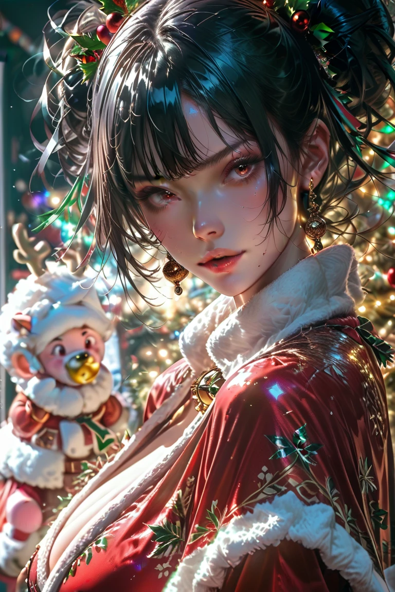 A very beautiful mamanuela with black hair red eyes very big and busty at a very perfect Christmas party good lighting without errors or flaws