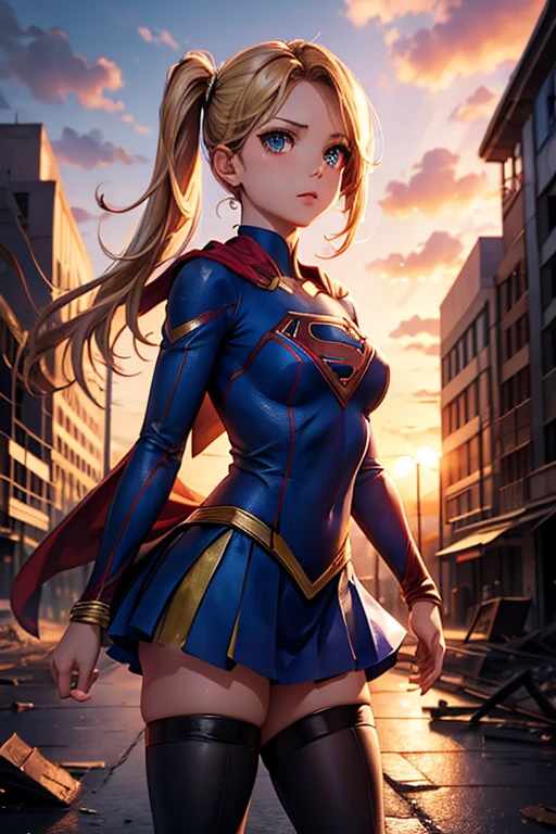 Super Girl Fusion She Hulk Futuristic City Slim Athletic Body Big Buttocks Big Breasts Yellow Hair Very Long Wavy Blue Suit .short red skirt with long red cape 