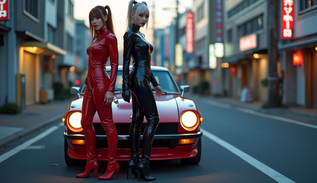 2 women, standing, with seductive expression, loving smile, view from front, detailed eyes, pose sexy, long dark crimson hair, his super detailed glowing eyes, Full lips painted red, chiseled physique and wide hips. He wears a closed black leather jumpsuit., whose shiny surface accentuates its shape. Walking on a sunny beach,  This image oozes realism., capturing the essence of a fragile figure. digital art, photorealistic and high definition technique