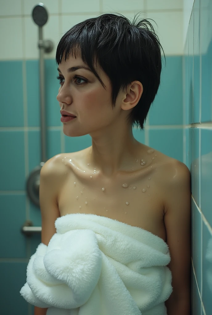 8k, RAW photo, best quality, ultra high resolution, photorealistic, slim girl with black purple short undercut haircut, shower