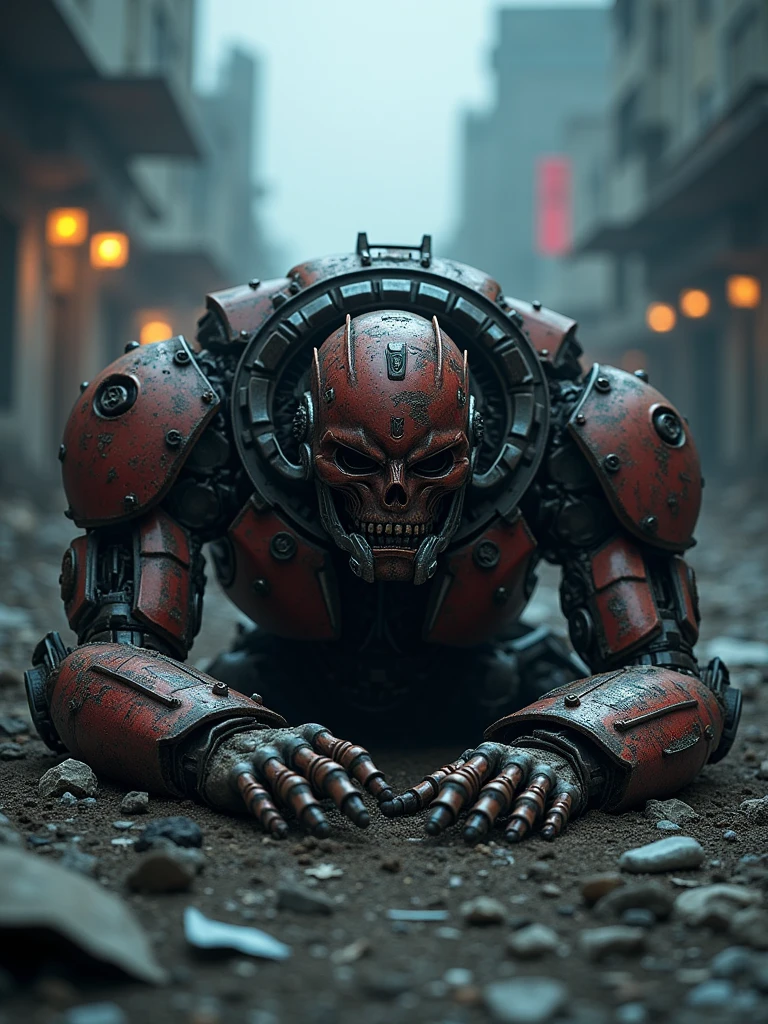 skeleton head，Machinary，rusted，Upper body，realisticlying，ultra - detailed，Need，tmasterpiece，best qualtiy，Latter-day background，epic，cyber punk perssonage