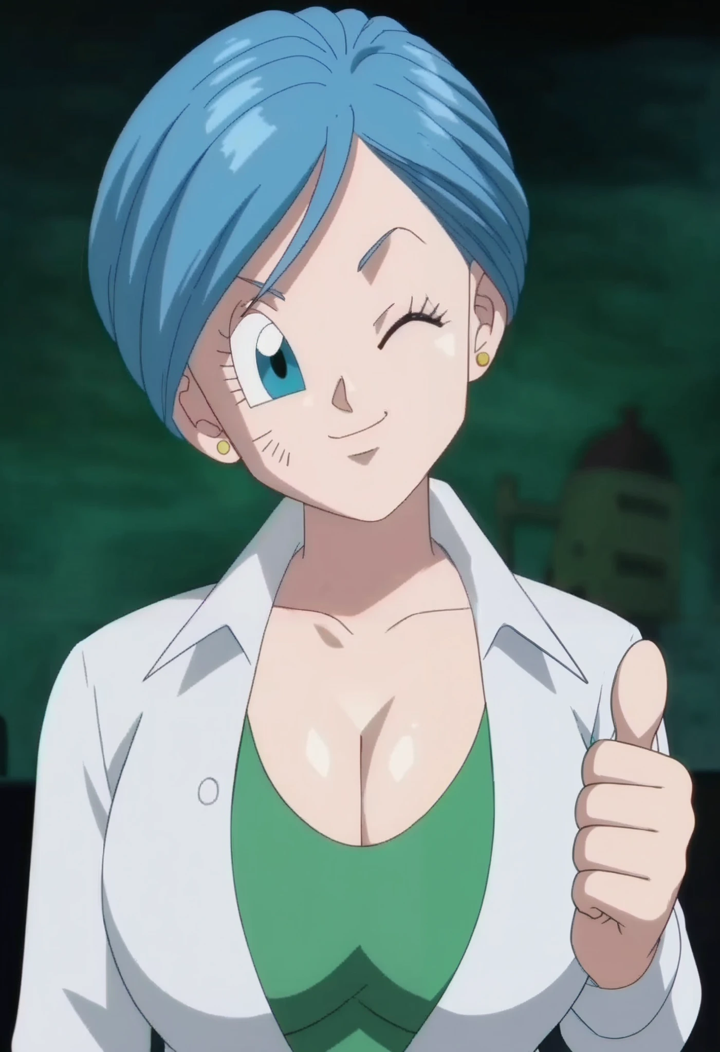 source_anime, score_9, score_8_up, score_7_up, anime screencap,8k, absurd res, 
bulma, 1girl, solo, looking at viewer, smile, short hair, blue eyes, jewelry, closed mouth, blue hair, collarbone, green shirt, upper body, big breasts, cleavage, huge breasts, earrings, one eye closed, collared shirt, hand up, blurry, head tilt, eyelashes, stud earrings, thumbs up, labcoat,official style, 
 