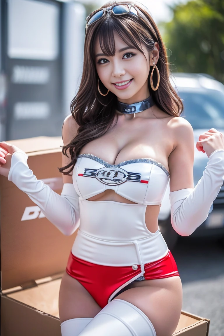 （Grid girl wrapped in a large cardboard box with polystyrene ：2.5）,((( One Shoulder Grid Girl Costume ))),((( dynamic pose ))),((( Midorifu Peak ))),((( Underbust ))),(((Miniskirt lift))),((( showing the inside of her thighs ))),( ))), Ulchan - 6500-v1 .1, ( RAW photo:1.2), ( photorealistic:1.4), (Shooting from below：1.8）、（ Grid girl sitting inside a large cardboard box with polystyrene ：2.5）,美しい Detailsな女の子 , Extremely Detailed eye and Face , beautiful Details eyes, super Details, high definition , top quality, ​masterpiece, very Details, 8k wallpaper, wonderful, Details , top quality, eye ,light, One Girl ,(Automobile racing track), 美しいeye ,smile, mouth。（ boob porori:1.3）、（ Grid girl sitting inside a large cardboard box with polystyrene ：2.5）, covered in plastic