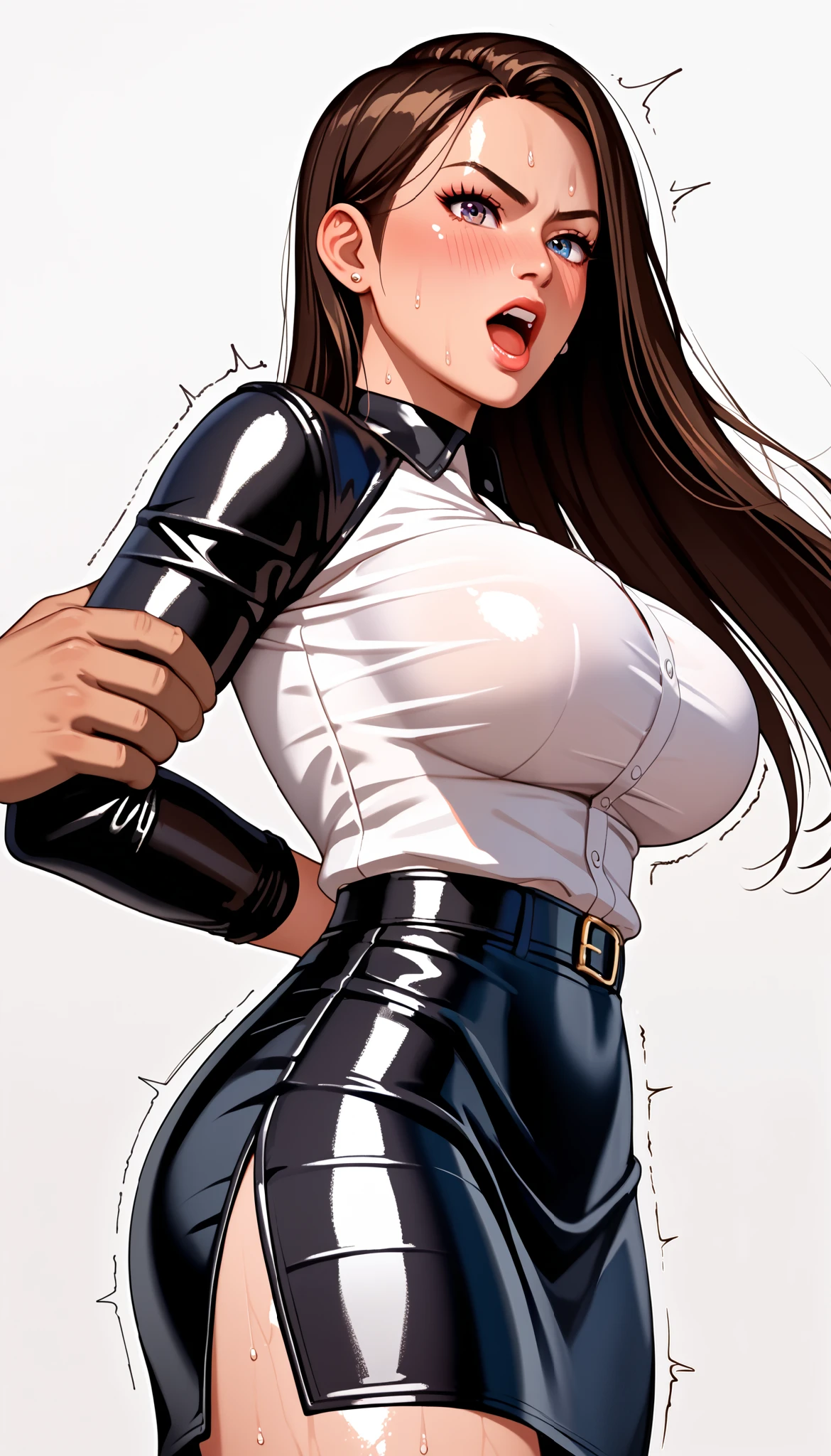 DOALeiFang, LeiFangDOA, gasp, {{{1 girl and 1 male}}}, {{{{ Man holding girl's thighs }}}}, shiny black leather tight long skirt with side slit, shiny white business shirt, arm-behind-back, {{ and bend your body backwards }}, OL, be breathless, sweat, sparkling sweat, trembling, long brown straight hair, breasts, [[angry]], blush, {anguish}, {{shameful}}, from side, from below,