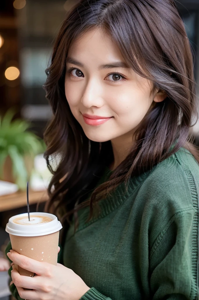 (masterpiece, best quality, perfect anatomy, highres, 8k, realistic, photorealistic, natural skin texture, no makeup:1.2), 1girl, solo, Japanese, age20, female university student, very cute, parted lips, (large breasts:1.2), (perfect figure1.2). winter clothes, winter, at the cafe, coffee, natural lighting, portrait, nekogao