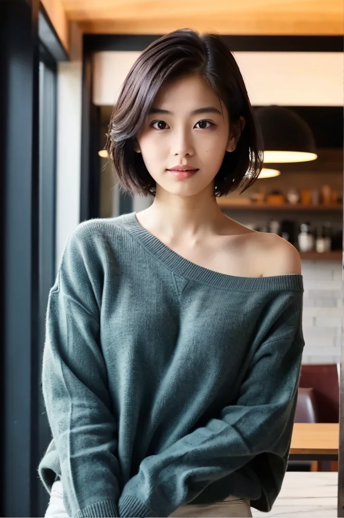 (masterpiece, best quality, perfect anatomy, highres, 8k, realistic, photorealistic, natural skin texture, no makeup:1.2), 1girl, solo, Japanese, age20, female university student, very cute, parted lips, shorthair, (large breasts:1.2), (perfect figure1.2). winter clothes, winter, at the cafe, coffee, natural lighting, portrait, nekogao