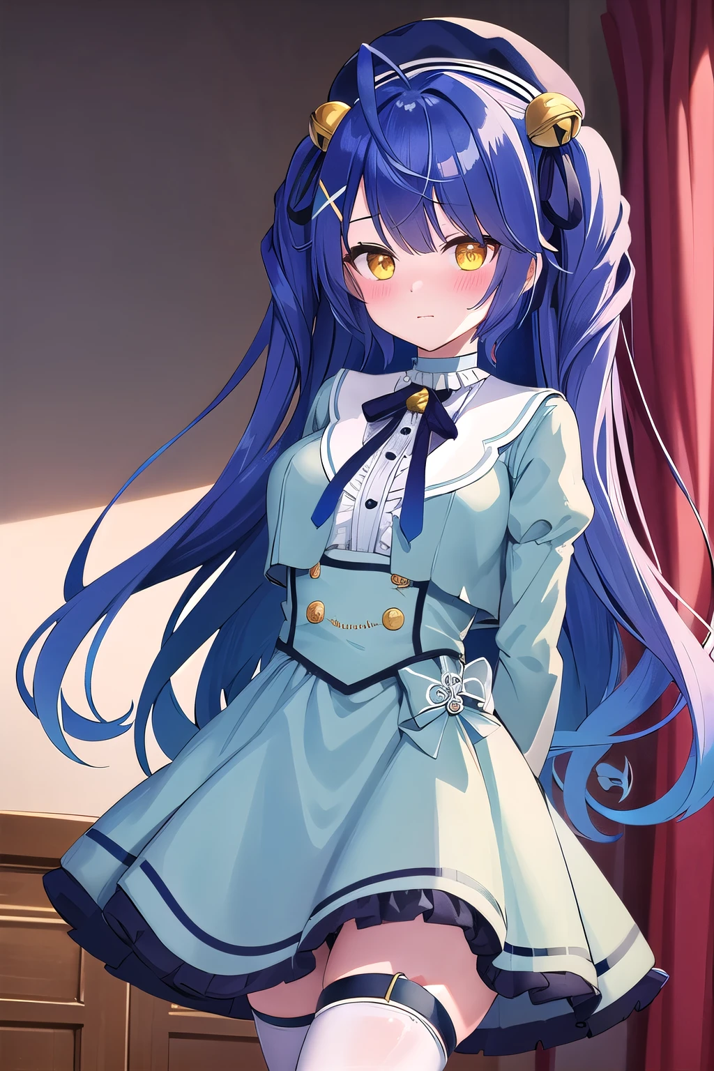 aamya, long hair, ahoge, two side up, hair ribbon, hair bell, x hair ornament, beret, black headwear, blue dress, long sleeves, thigh strap, white thighhighs, highres  embarrassed, blush, closed mouth, Arms folded behind back, Big Breasts,  red curtain , masterpiece, best quality