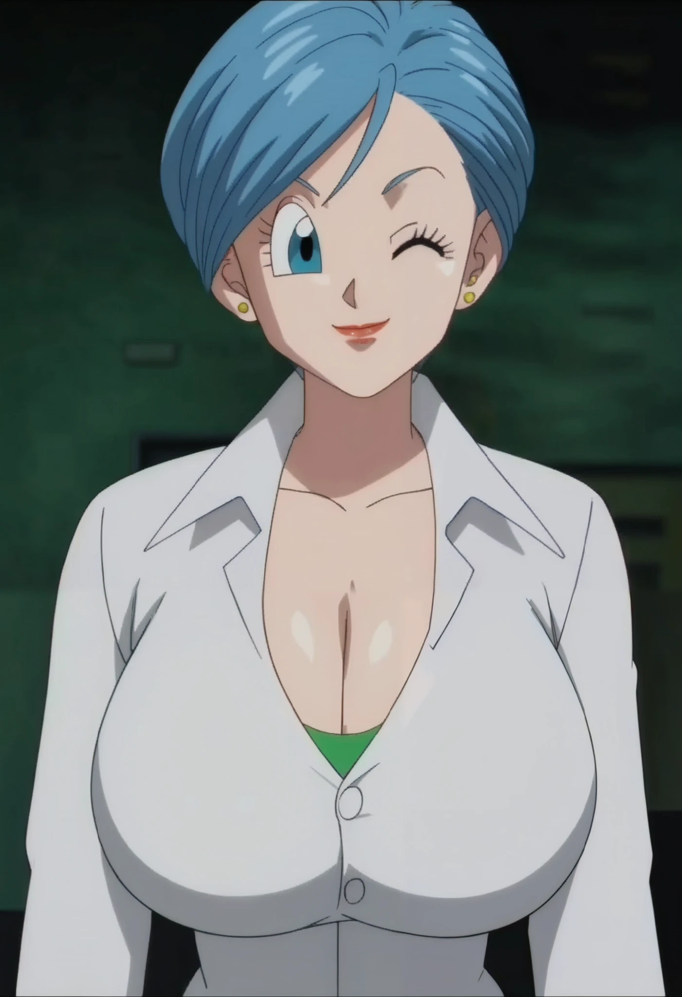 source_anime, score_9, score_8_up, score_7_up, anime screencap,8k, absurd res, 
bulma, 1girl, solo, looking at viewer, smile, short hair, blue eyes, jewelry, closed mouth, blue hair, collarbone, green shirt, upper body, big breasts, cleavage, huge breasts, massive breasts, wide hips  earrings, one eye closed, collared shirt, hand up, blurry, head tilt, eyelashes, stud earrings, grabbing at her cleavage, teasing, labcoat,official style, 
 