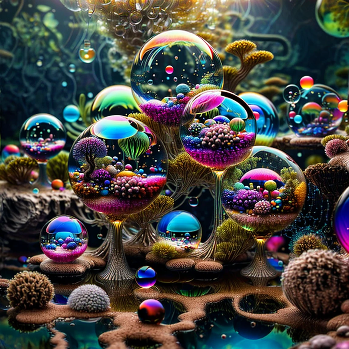  3dglass-like environment,shimmering glass bubbles morphing out of swirling colors, neon colors twisted through glass orbs and melting to drip into glass spheres, colored liquid fizzing to the ground, glowing light and reflecting,4d mandelbulb psychedelic landscape, depth of field,award winning masterpiece,pixel art, portrait,photography,photorealistic,hyperdetailed, glassmorphism,sparkle,God rays,optical illusion,rotational symmetry,reflective light,overexposure,backlighting,symmetrical reflective bubbles and spheres,extremely detailed bubbles and spheres,swirling spirals and vortex,bright vibrant colors popping out from 3d glass spheres,psychedelic underwater brightness glowing with neon colors,glowing colors twist creating holograms. Within a black abyss Intense bright, colorful, perfectly symmetrical glass globes criss crossed back and forth with different colors of laser lights contrasting the glowing light of fizzy liquid within the glass. Stark contrast between bright light colors and dark. photorealistic, cinematic photography, cinematic lighting, cinematic portrait, portrait photography, realistic, realism, ultra detailed, UHDR, full focus, highest quality, hyperrealistic,3D Rendering, 8K Octane, Cinematic, Cinematography, Digital Art, Photorealistic, Pixel Art, Pixel Assets, Depth Of Field, Best Quality, Award Winning, MasterpieceWithin a black abyss Intense bright, colorful, perfectly symmetrical glass globes criss crossed back and forth with different colors of laser lights covering the circumstances of the globes and contrasting the glowing light of acidzlime within the glass. Smaller spheres of glass in luminescent neon pink and neon green liquid fizzing and overflowing with acidic bubbles and emptying out into reflective glass orbs that melt and drip vibrant colorful symetrical patterns that cover the ground and merge together in a quilt of intricate and complex designs. High fantasy, magical effects, hypperrealistic, hyper detailed, very aesthetic.