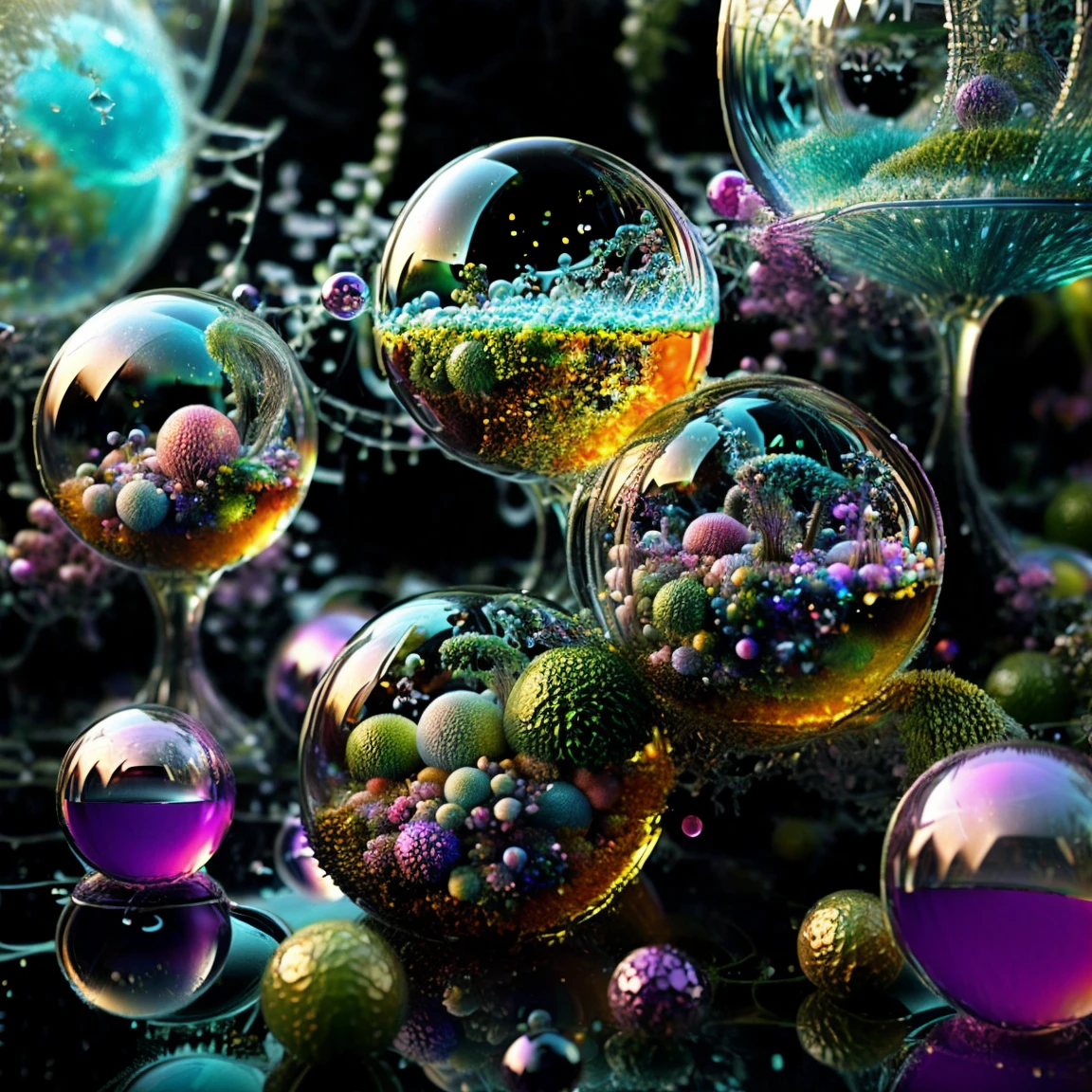  3dglass-like environment,shimmering glass bubbles morphing out of swirling colors, neon colors twisted through glass orbs and melting to drip into glass spheres, colored liquid fizzing to the ground, glowing light and reflecting,4d mandelbulb psychedelic landscape, depth of field,award winning masterpiece,pixel art, portrait,photography,photorealistic,hyperdetailed, glassmorphism,sparkle,God rays,optical illusion,rotational symmetry,reflective light,overexposure,backlighting,symmetrical reflective bubbles and spheres,extremely detailed bubbles and spheres,swirling spirals and vortex,bright vibrant colors popping out from 3d glass spheres,psychedelic underwater brightness glowing with neon colors,glowing colors twist creating holograms. Within a black abyss Intense bright, colorful, perfectly symmetrical glass globes criss crossed back and forth with different colors of laser lights contrasting the glowing light of fizzy liquid within the glass. Stark contrast between bright light colors and dark. photorealistic, cinematic photography, cinematic lighting, cinematic portrait, portrait photography, realistic, realism, ultra detailed, UHDR, full focus, highest quality, hyperrealistic,3D Rendering, 8K Octane, Cinematic, Cinematography, Digital Art, Photorealistic, Pixel Art, Pixel Assets, Depth Of Field, Best Quality, Award Winning, MasterpieceWithin a black abyss Intense bright, colorful, perfectly symmetrical glass globes criss crossed back and forth with different colors of laser lights covering the circumstances of the globes and contrasting the glowing light of acidzlime within the glass. Smaller spheres of glass in luminescent neon pink and neon green liquid fizzing and overflowing with acidic bubbles and emptying out into reflective glass orbs that melt and drip vibrant colorful symetrical patterns that cover the ground and merge together in a quilt of intricate and complex designs. High fantasy, magical effects, hypperrealistic, hyper detailed, very aesthetic.