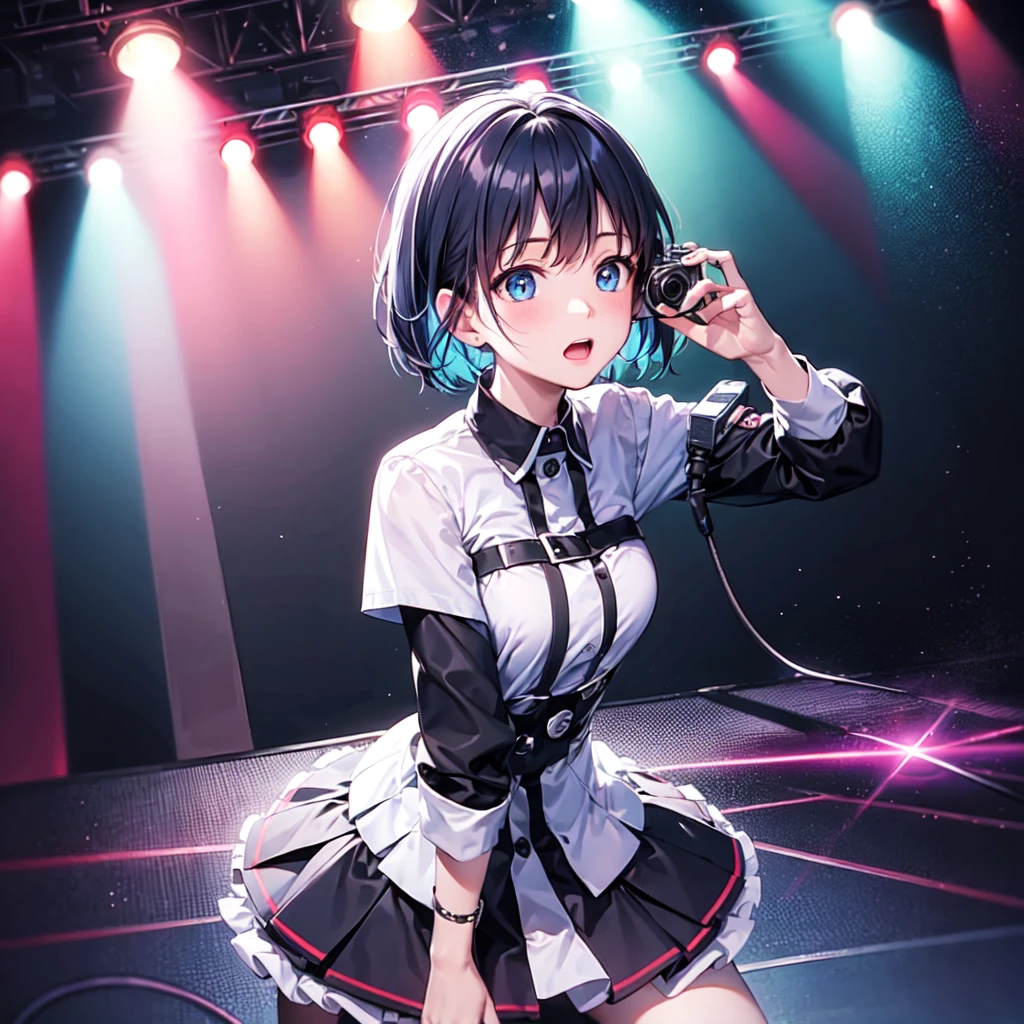 Realistic idol concert stage, dynamic performance venue with contemporary design. Main stage with LED floor panels and modern lighting setup, featuring traditional spotlights mixed with subtle digital effects. Clean aesthetic with moving light beams in pink and white, physical stage platforms with minimal floating elements. Standard concert hall with enthusiastic audience area, filled with coordinated pen light movements.  blue hair short bob high school girl,Blue eyes,T-Shirts, surprised expression, close-up ,(( looks up)),((Aerial Camera))