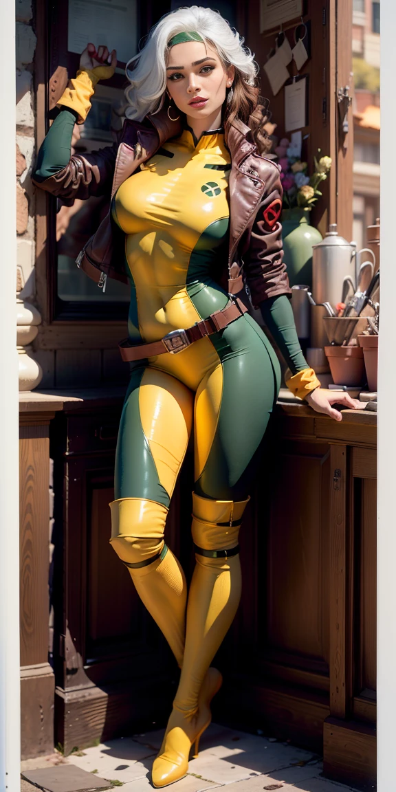 Masterpiece, hd, 8k, ultra detailed, photorealistic !(Rogue is a mutant superhero who has the power to absorb the memories, powers, and characteristics of anyone she touches. Her appearance and wardrobe have varied over the years, but some elements are constant. Rogue has brown hair with a white streak in the front, which is the result of permanently absorbing Ms. Marvel's powers¹. Her eyes are green and she usually wears discreet makeup. His most characteristic wardrobe is a green and yellow bodysuit with a brown leather jacket over it. The suit has a belt with an X and high boots. Rogue also wears gloves to prevent accidental contact with other people. Sometimes Rogue accessorizes her outfit with a scarf, cap, or sunglasses. Rogue has an athletic figure and average height. Their expression is usually confident and defiant, but can also show vulnerability and tenderness. Rogue is a southern belle who has become a leader of the X-Men)
