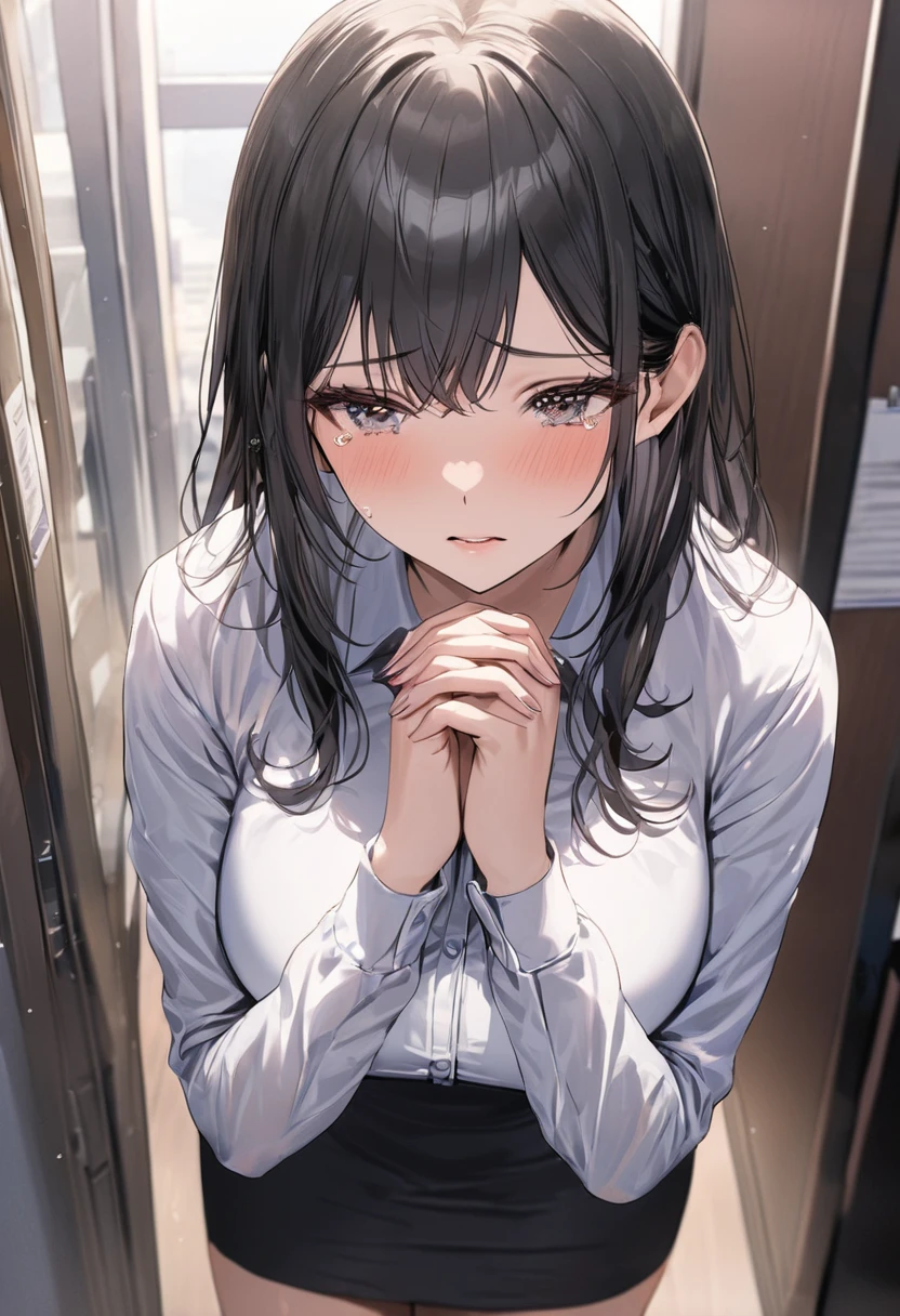 modern, Verism, masterpiece, textured skin, super detail, best quality, 4K,Woman in tears,Mature woman,Clothing of office workers ,Black Hair,Slender,Wiping away the tears with my hands.