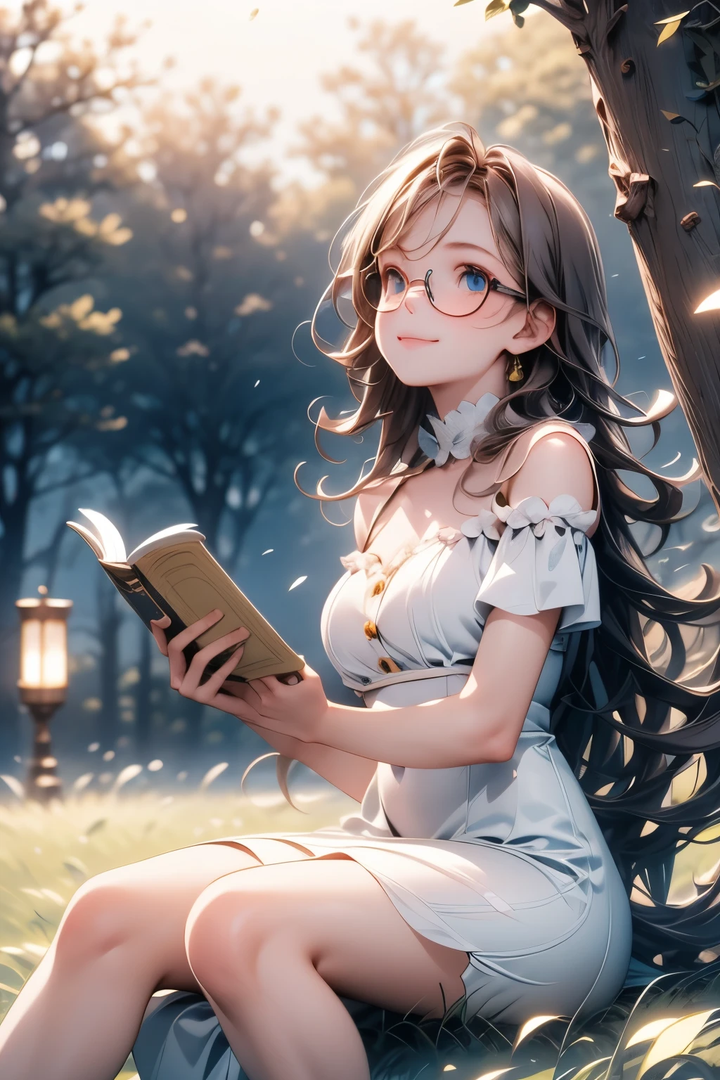 (masterpiece, best quality, highres), mature female, solo, brown hair, low-braided long hair, wavy hair, yellow eyes, parted bangs, sidelocks, large sagging breasts, long eyelashes, black-framed round eyewear, victorian, gown, mansion, outdoors, garden, tree, tree shade, sitting, on grass, book on lap, looking at viewer, parted lips, light smile, portrait, peaceful,