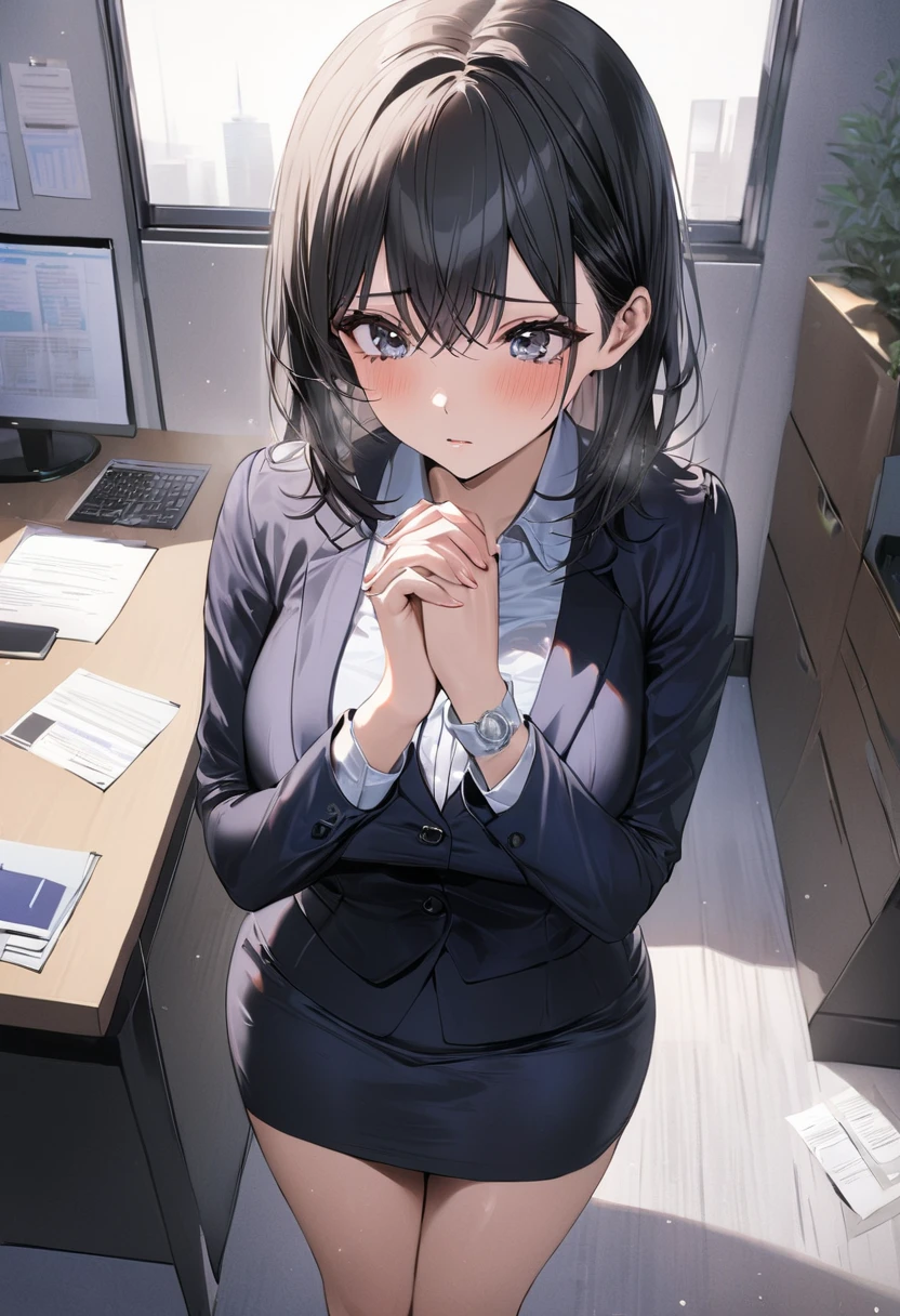 angle from below, a woman works as a manager, in the office, (touch front of pants against the desk corner for masturbation), ecstasy face, drooping eyes, sleepy, business suit, jacket, pants of various fabrics, id card, holding clipboard,