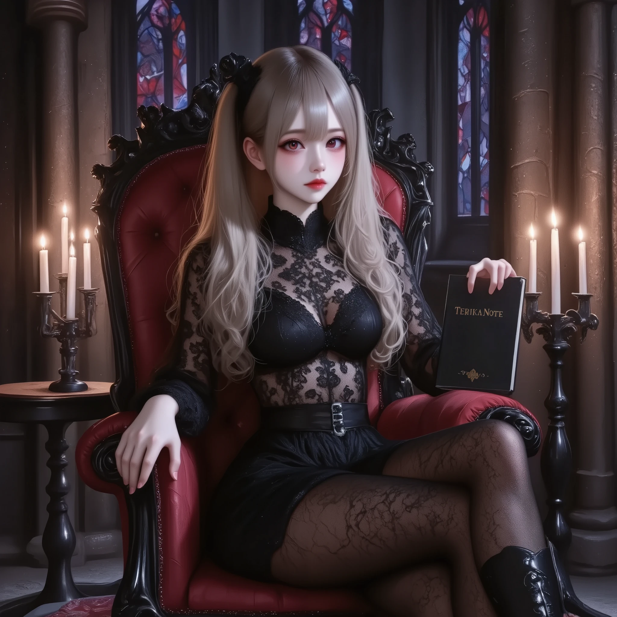 photo Realism style, digital painting, best quality, high detail, 1girl,solo, twin tails, fair skin, gothic lolita fashion, black lace dress, black thigh-high stockings, black high-heeled boots, sitting pose on an ornate gothic chair, legs crossed, right hand holding a black notebook with “Terika Note” written on the cover, relaxed and confident expression, dimly lit environment, dark gothic background, intricate stone archways, stained glass windows with crimson and violet hues, flickering candles, shadows cast across the scene, subtle glowing light accents.