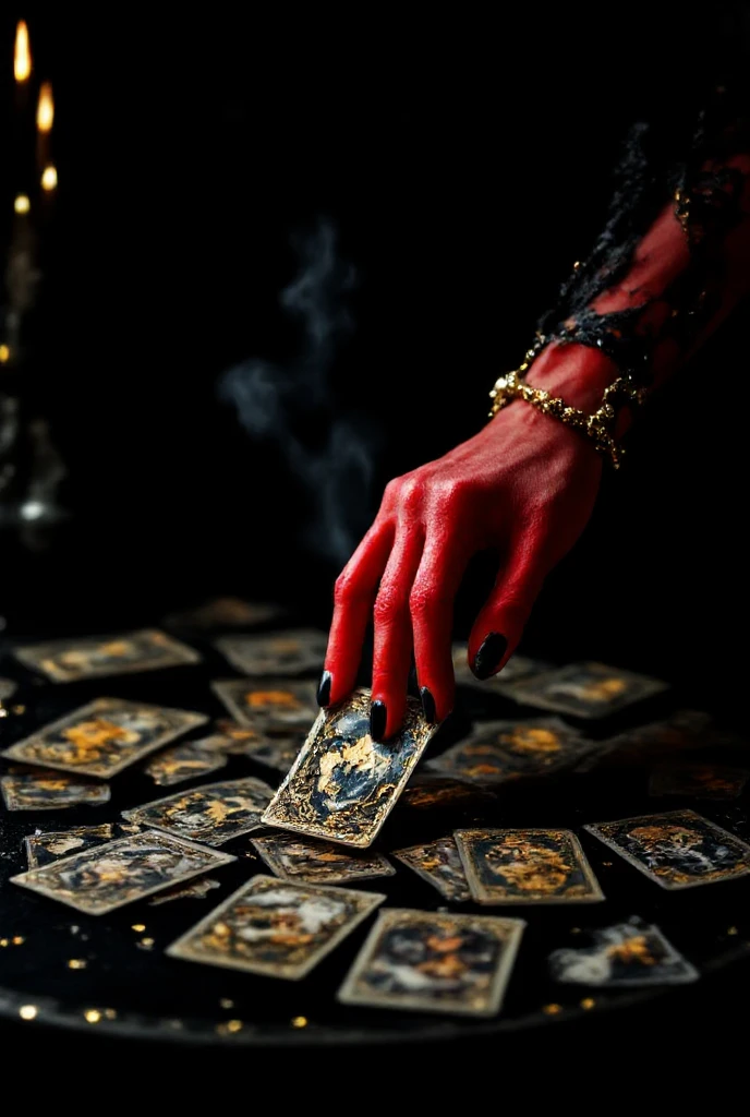 {
  "title": "Enfoque en la Hand of the Santera",
  "Description": {
    " Setting ": "A table with a black background, where the right hand of a santera with reddish hands is placing a third of the tarot cards.",
    "style": "Artistic and mystical,  with intricate details and vibrant colors .",
    "color_ scheme ": "Predominance of black, gold and silver,  with bright sparkles .",
    " Characters ": [
      {
        "name": "Hand of the Santera",
        "Description": "A beautiful and clean hand, with nails painted in shiny black, moving with grace and precision.",
        "appearance": "Reddish and elegant hands, with a demonic touch."
      }
    ],
    "Additional_Elements": "Incense sticks in the room, creating an atmosphere of smoke and mystery.",
    " effects ": "Trail of shine on the cards, as if they were metallic, and an aura of magic and hidden truth.",
    "format": " high resolution ,  with crisp details and an artistic finish ."
  }
}
