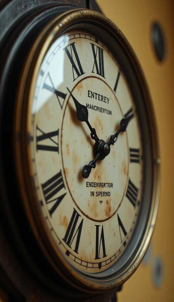  A close up of an old wall clock with a half yellowish background,  with Roman numerals and a dark wood surface.  a hand-written encrypted message . 
