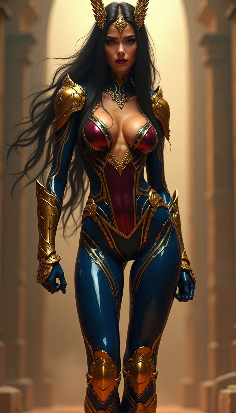 Big Barda has long hair, black and almost always hidden by his samurai helmet. His eyes are light blue. Her superheroine costume is samurai themed.. His costume usually includes a blue jumpsuit and a gold armor top over his jumpsuit.