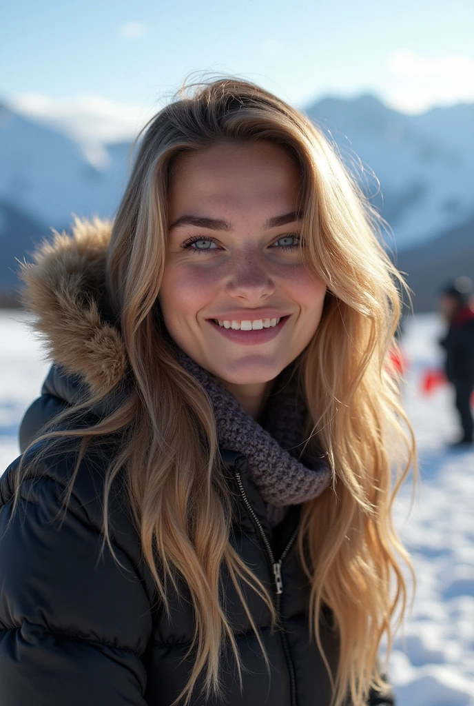 photorrealistic, best qualityer, hyper detailled, Beautiful woman with natural blonde hair, breasts big, selfie shot, trunk, standing alone, wearing tight latex clothing , winter, plein-air, (giorno), snowy landscape, flocos de neve, (happy), textura da pele com 30G happy visível sob a roupa, film grain, close up, ultra high resolution, best shade, CRU, instagram LUT