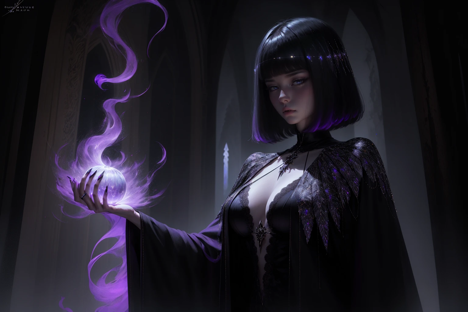 A with woman, very pretty, purple obliquos eyes, a hair black, short, in a house, pentagram on the floor, casting spells, floating candles around you, dark place and dim purple lighting, in a seated position while floating, besides