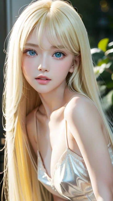  1 14-year-old incredibly white girl 、super long golden hair 、bangs、 super long platinum blonde silky hair 、Big incredibly bright, glowing white, vibrant mint-green eyes、目の間のbangs、very long golden hair 、 high definition 、 blond hair between eyes 、eye-catching blonde 、 shiny blonde、 eye-catching blonde 、Round face、Young appearance、innocent pretty face 、Very white, beautiful, and shiny skin、チークグロスハイライト、ツヤメイク、顔にかかる髪