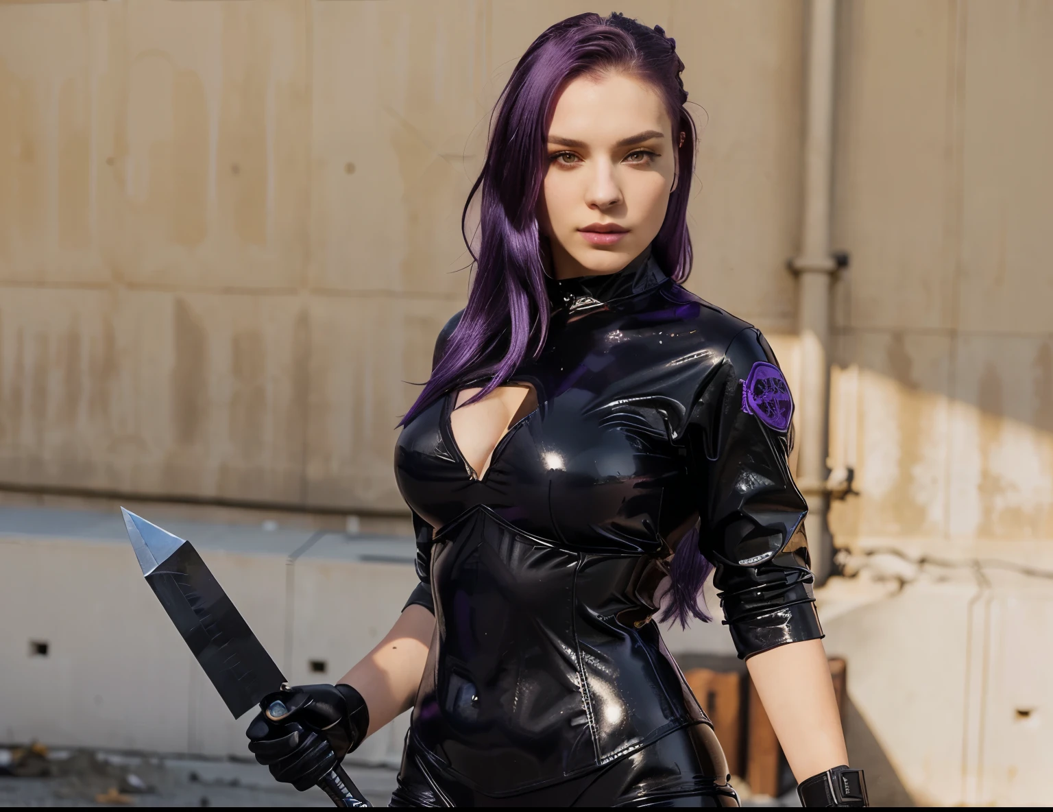 European girl, 2, sexy, sexy body, holding two knives in her hand, black military outfit, purple hair, latex outfit, big ass, pussy