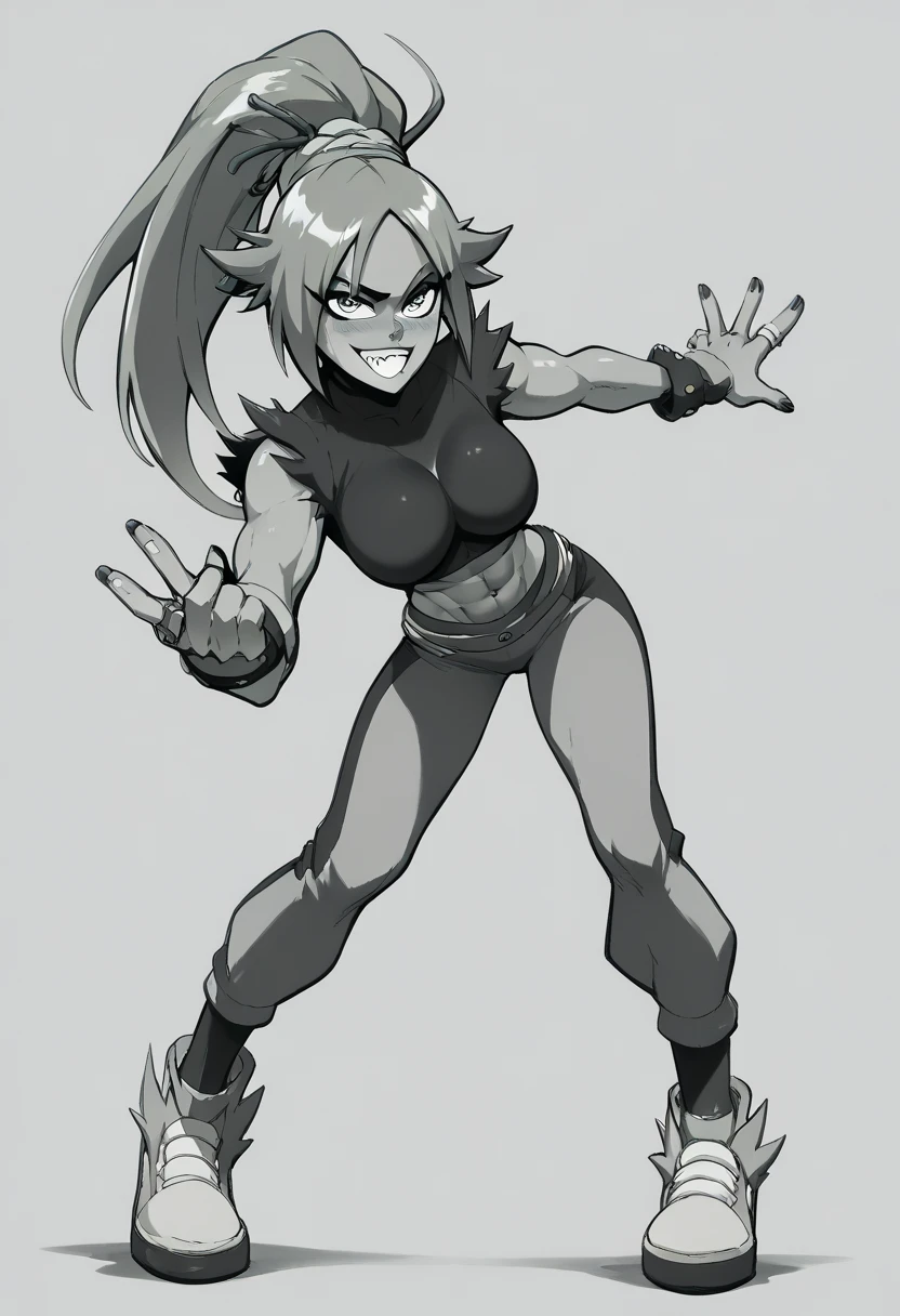 Female, ((Sketch Anime Pose)), Sketch base, base, one leg up, jumping, one hand up, holding ball of energy, super saiyan 4, tail, blank background
