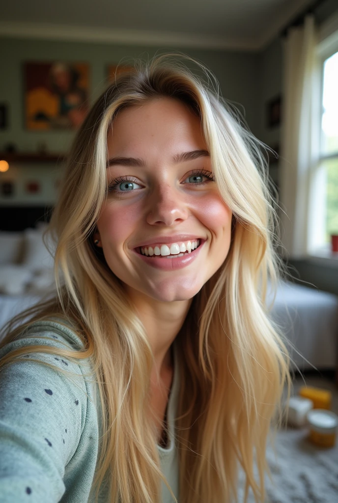 do a selfie, laughing with beautiful teeth, happy face, a little bit of impure skin, skin realistic, at home in office, wearing low neck shirt and coat , young and cute face, best quality, Meisterwerk, Realistisches Foto, Komplizierte Details, RAW-Foto, Ultra-detailliert, blondes hair, cute face, Cup size B, blondes Hair, perfekte und blaue Augen, HD quality, 8K, young woman, 20 Jahre alt