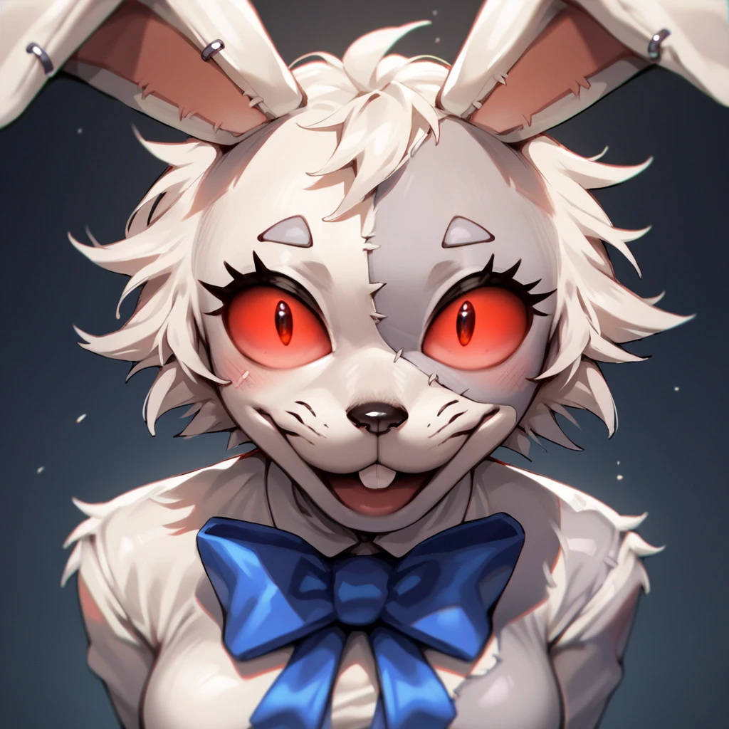 score_9,score_8_up,score_7_up,score_6_up,source_anime,rating_ questionable , Vanni _fnaf,  rabbit suit , bunny ears,  red eyes, blue bow,  fluffy, lines, zPDXL2,