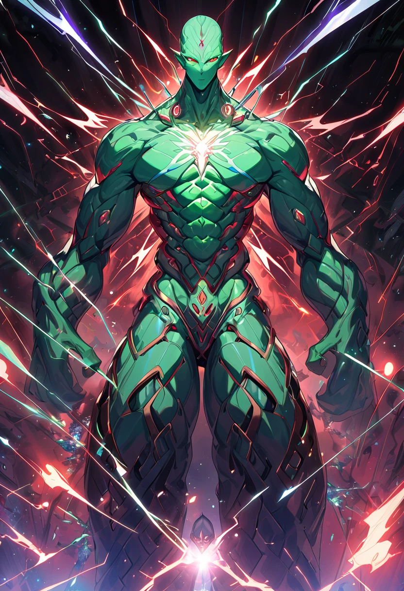 (masterpiece: 1.2), (very detailed: 1.2), (perfectly detailed), (very detailed and beautiful: 1.1) solo, 1 boy, male only, muscular male, Michelangelo style, cyberpunk, electronic world, (Mens tanga, outline of lid, swelling of underwear), naked, full nudity, statue, fluorescent green hologram male statue, electronic spirit, nice smile, dynamic pose, energetic and powerful young man, transparent fluorescent green skin, transparent Emerald electronic hologram skin, hypermuscle, huge body, humanoid, non-human, transparent body made of hologram that emits fluorescent green, emerald eyes that emit fluorescent green, transparent hair made of bugged cropped fluorescent green, see-through texture of shimmering electronic hologram, fluorescent green beard made of hologram, emerald jewels buried in body, adult male, manly expression, super buff handsome muscle guy, huge pectoral muscle, hyper muscle, beefcake , List of Binary Zero One Digital Numbers, Cyber World, Hyper Pecs, LightningMagicAI