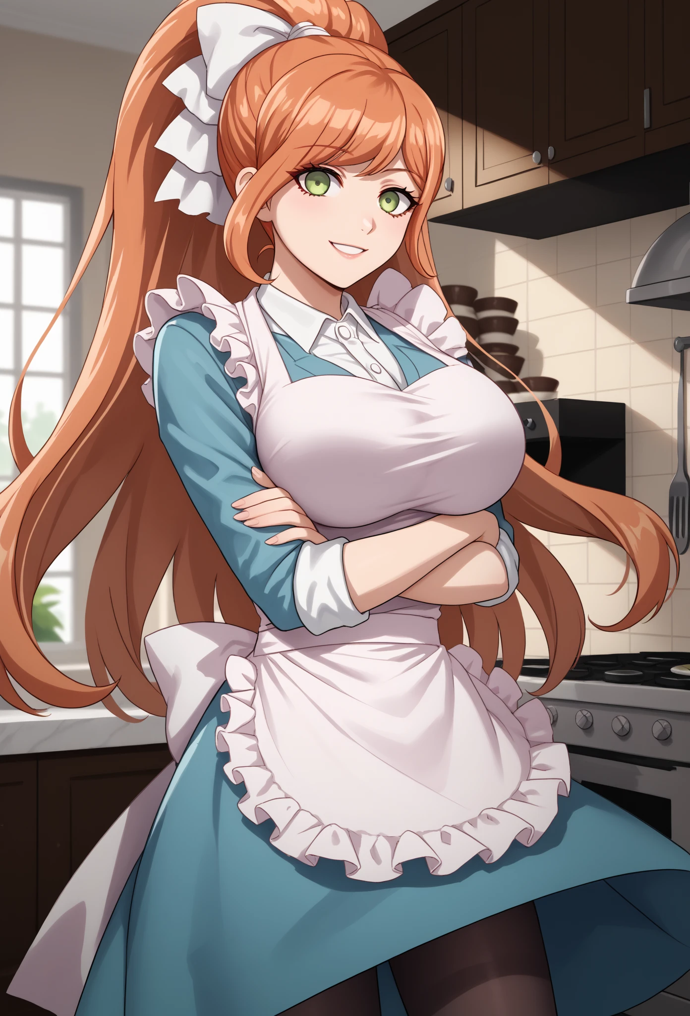 score_9, score_7_up, source_anime, 1girl, cowboy shot, smile, crossed arms, arms under breasts, chiDR, orange hair, long hair, high ponytail, hair ribbon, white ribbon, green eyes, collared shirt, white shirt, blue dress, large breasts, frilled apron, sleeves rolled up, black pantyhose, kitchen, beautiful details, hd 