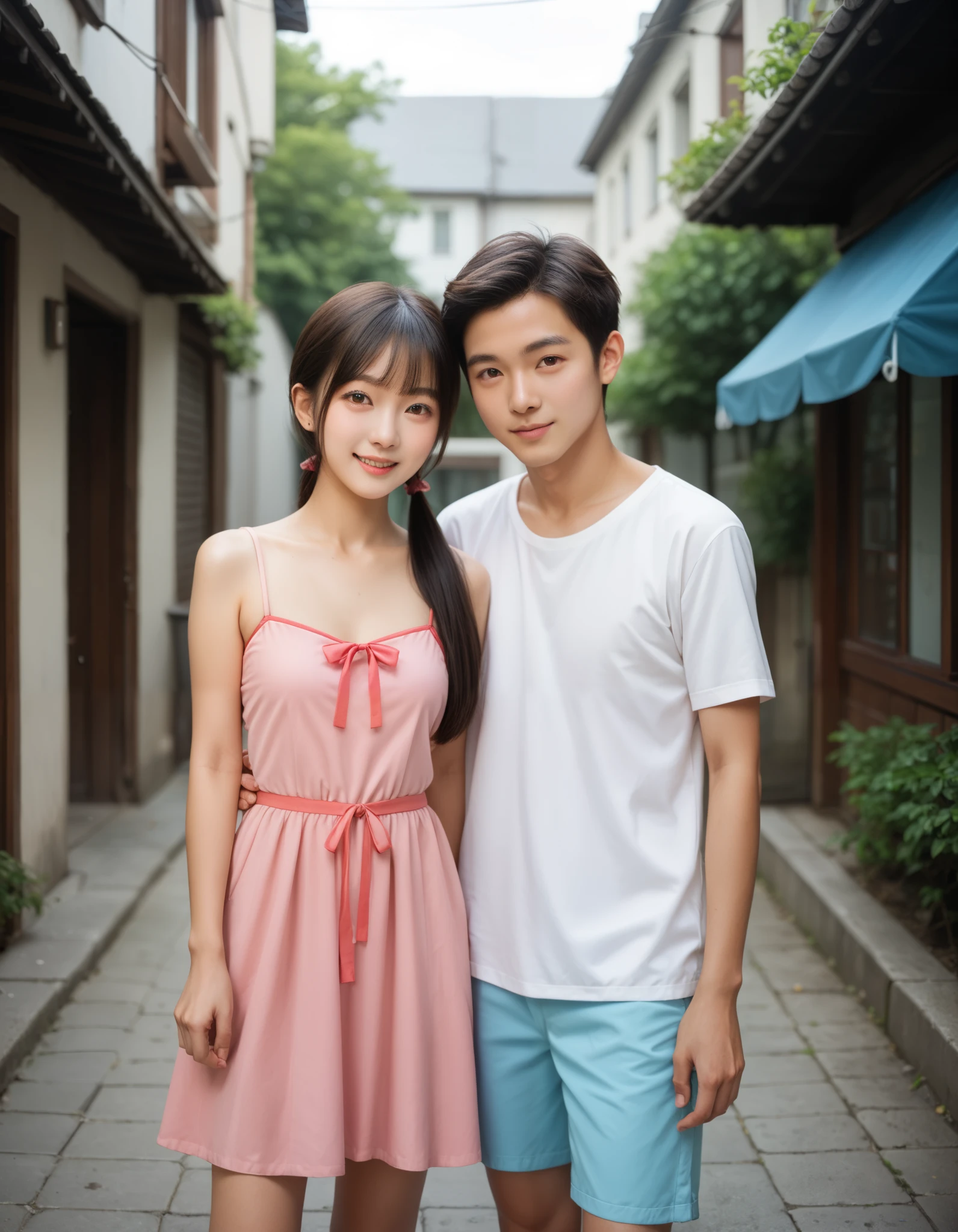 (1girll,1人,couple)there is a man and woman that are posing for a picture, a picture by Tadashi Nakayama, Tumblr, shin hanga, Ruan Jia and Fenghua Zhong, yanjun cheng, Kim Do-young, cute couple, couple pose, huang yuxing and aya takano, shaxi