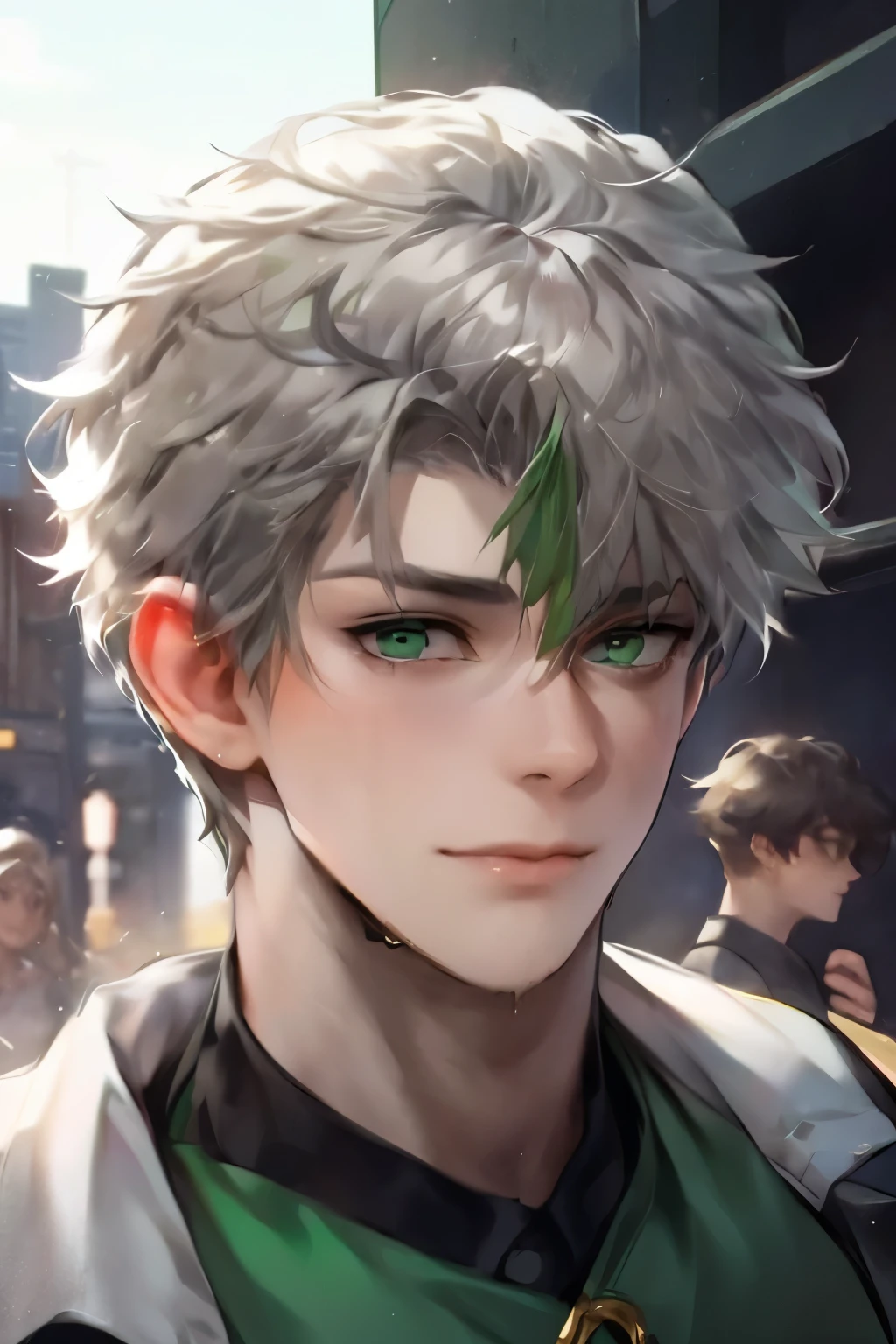 Portrait of a cute man, ashy gray hair, short haircut, large dark green eyes, plump bow lips