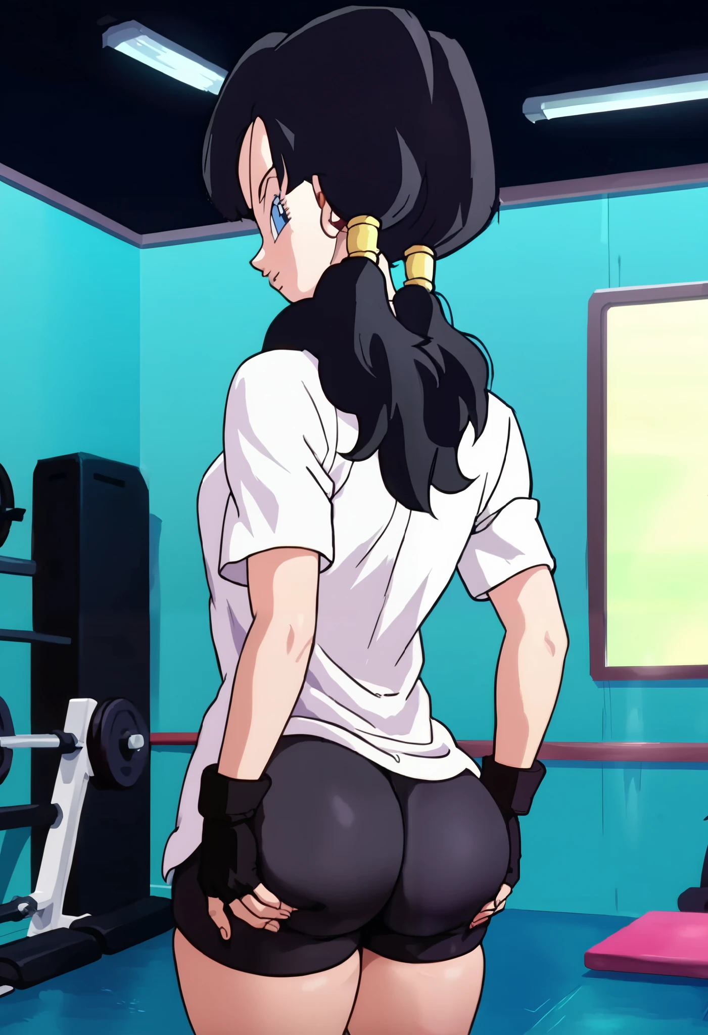 source_anime, score_9, score_8_up, score_7_up, anime screencap,
videldbz, 1girl, solo, looking at viewer, long hair, blue eyes, black hair, ponytails, ass, (((ass grab))), thick thighs, white shirt, gym, fingerless gloves, black shorts